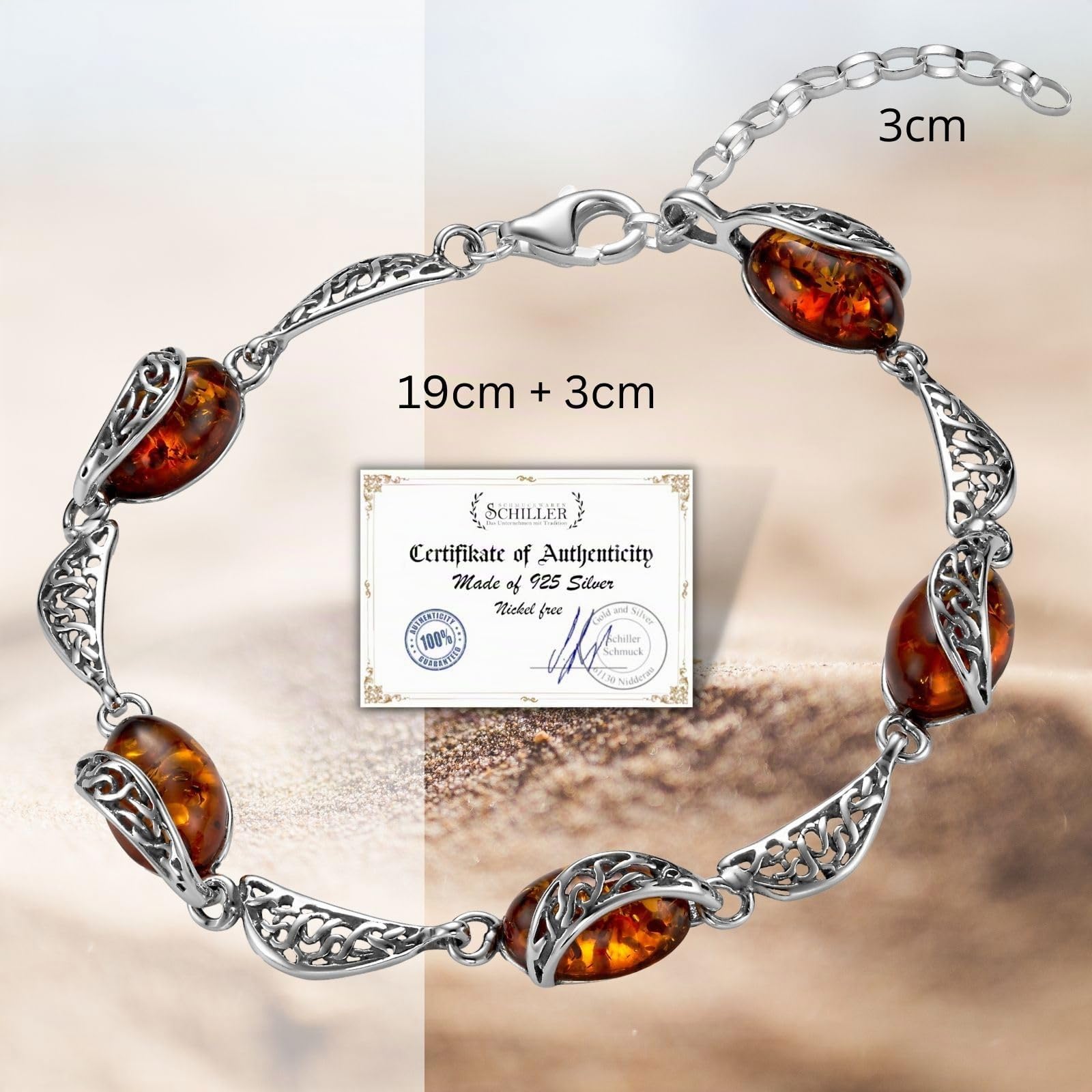 Copal Armband Damen Bernstein Silber 925 Geschenkset Tasche Karte Etui Verstellbar Armkette Valentinstag Muttertag Geburtstags Weihnachten Geschenk für Sie Frauen Freundin Mama