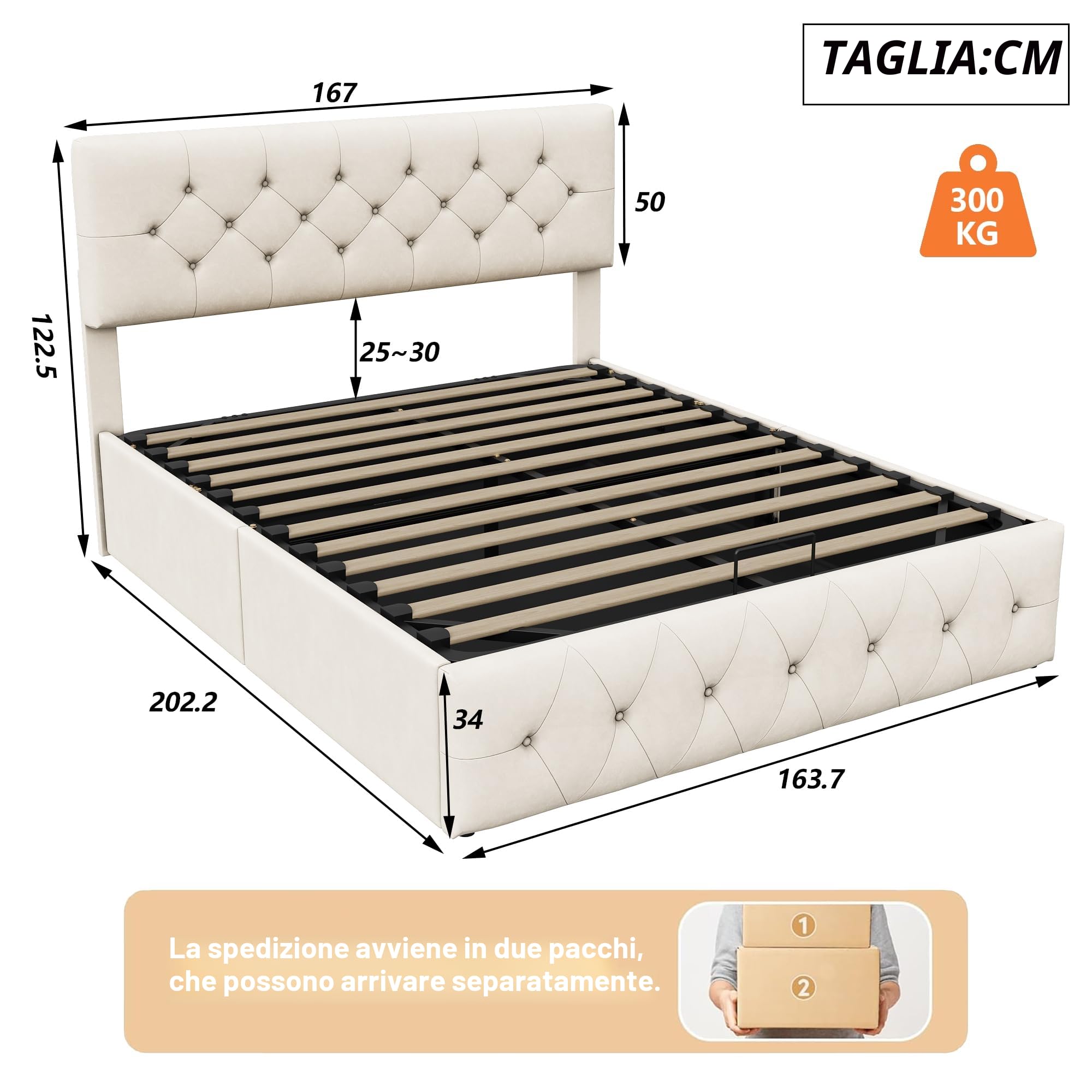 MOTUZP Letto Imbottito 160 x 200 cm Letto matrimoniale, Struttura letto con Testiera Imbottita e contenitore, Altezza Regolabile, Telaio con Rete a Doghe in Legno e Metallo, albicocca