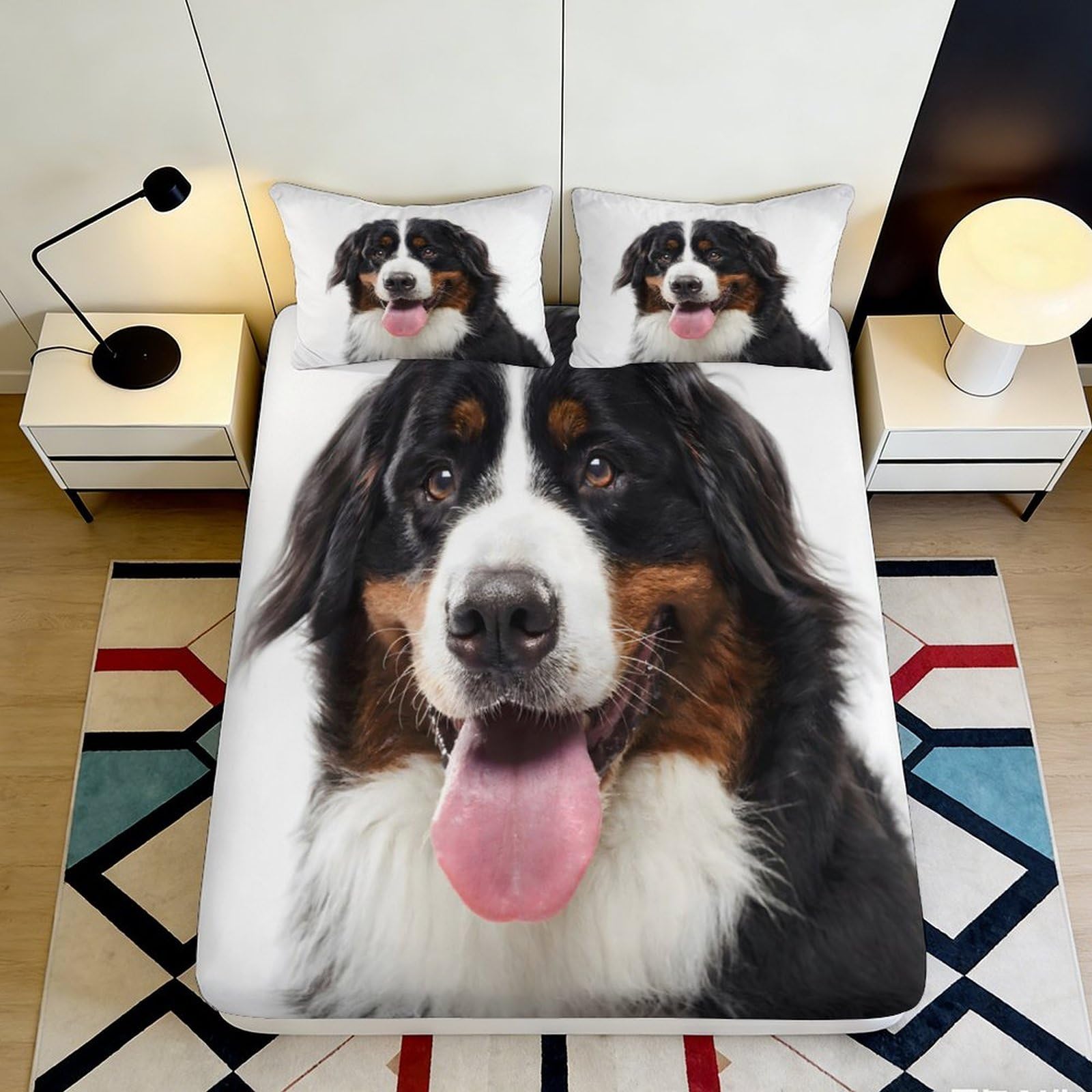 3D Printed Bernese Mountain Dog Fitted Sheet Microfiber Soft Breathable Dog Face Bed Cover for Bedroom Decor 90x200x25cm