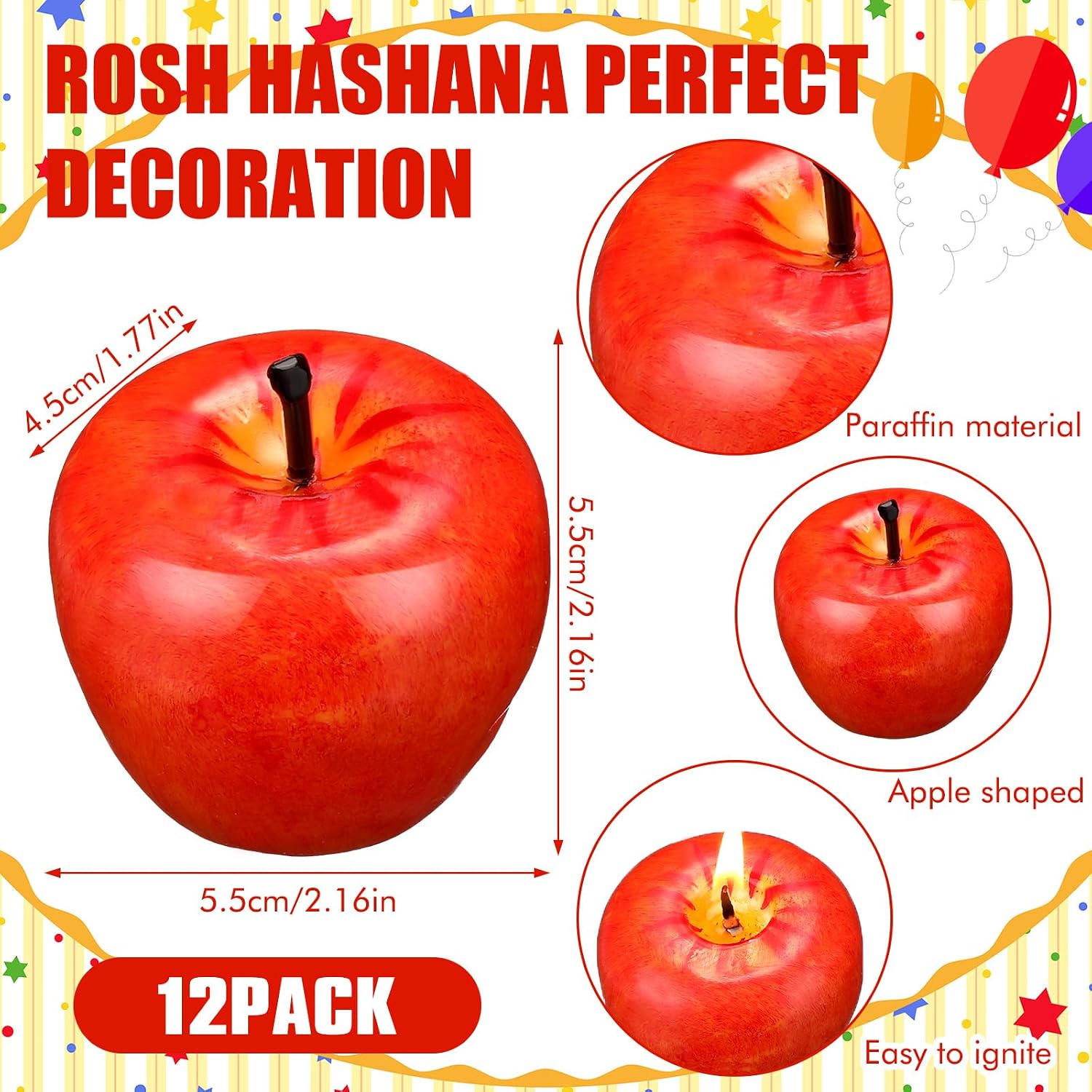 Tondiamo 12pcs Rosh Hashanah Apple Candle Jewish New Year,Red image 2