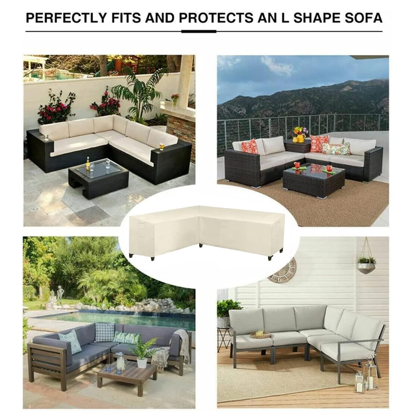 Fundas de sofá de jardín en Forma de L, Tela Oxford 420D, Impermeable Funda Sofa para Exterior, Funda para Muebles de Jardín, para Jardin Sofá Seccional (222x286x78cm,Blanco)