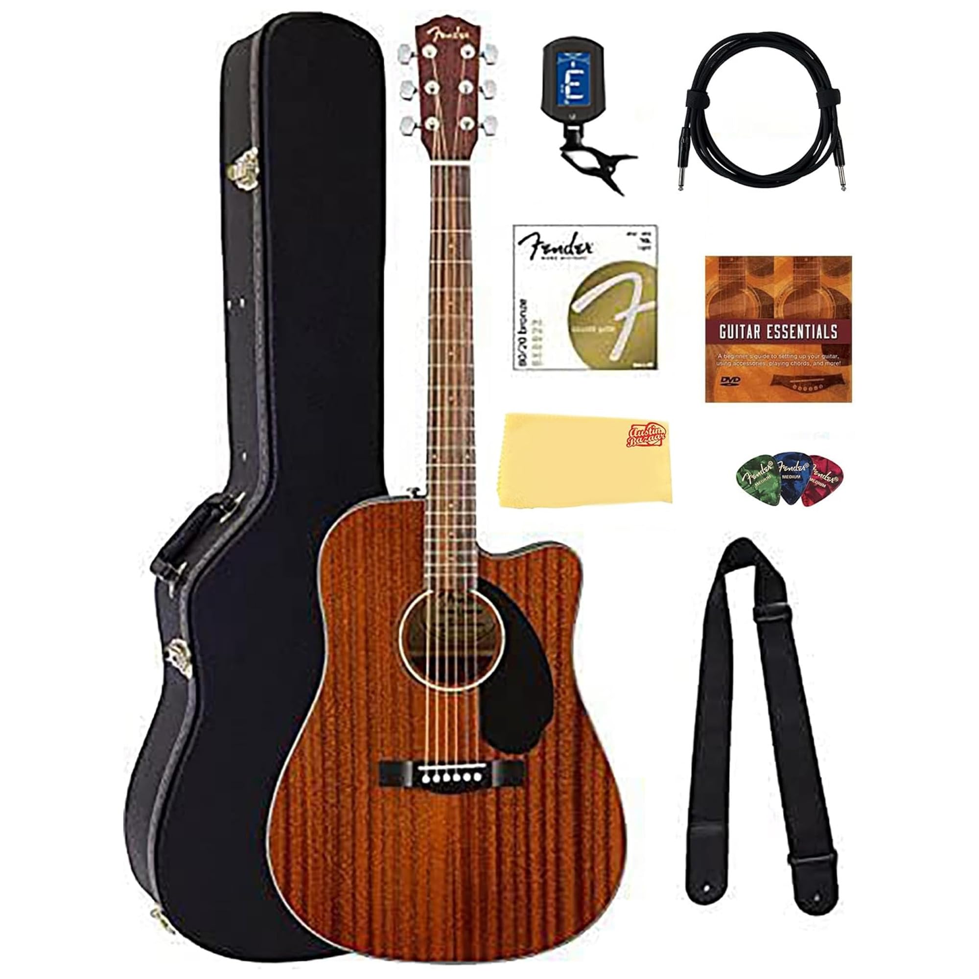 Fender CD-60SCE Solid Top Dreadnought Acoustic-Electric Guitar - All Mahogany Bundle with Hard Case, Tuner, Instrument Cable, Strap, Strings, Picks, Austin Bazaar Polishing Cloth and Instructional DVD