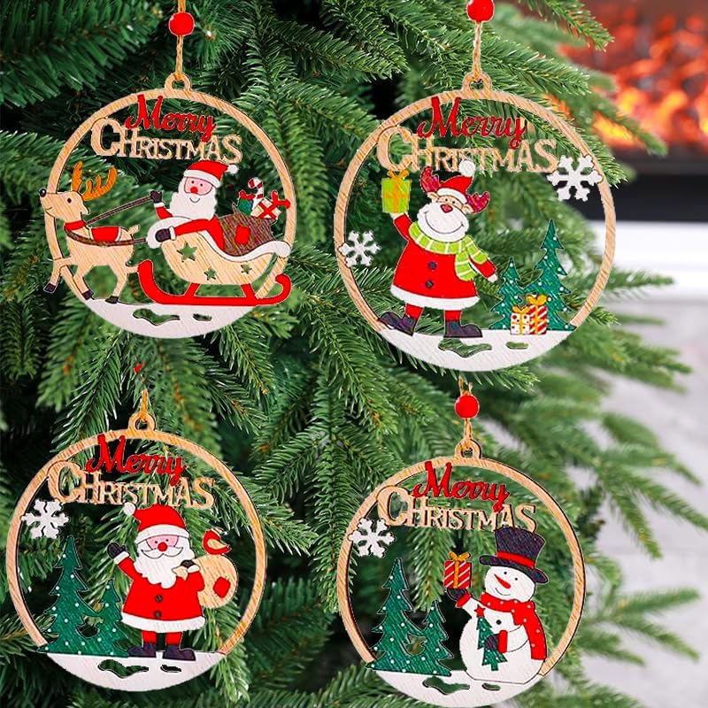Christmas Tree Ornament Decoration, Christmas Wooden Funny Santa, Xmas,Deer, Snowman Christmas Pendants Hanging Christmas Tree Decor Outdoor Indoor Home Party Gifts 4PCS