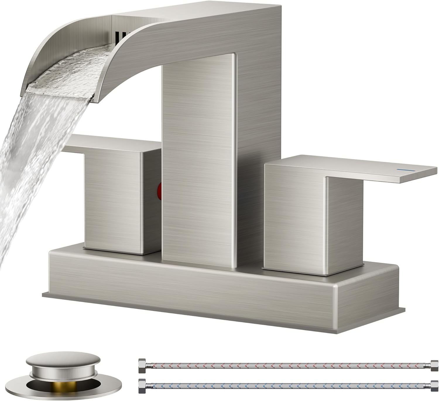 FORIOUS Brushed Nickel Bathroom Faucets for 2 Hole or 3 Hole, Waterfall 4 Inch Centerset Bathroom Sink Faucet with Metal Pop-up Drain and Supply Lines, Two Handles for Vanity, Basin