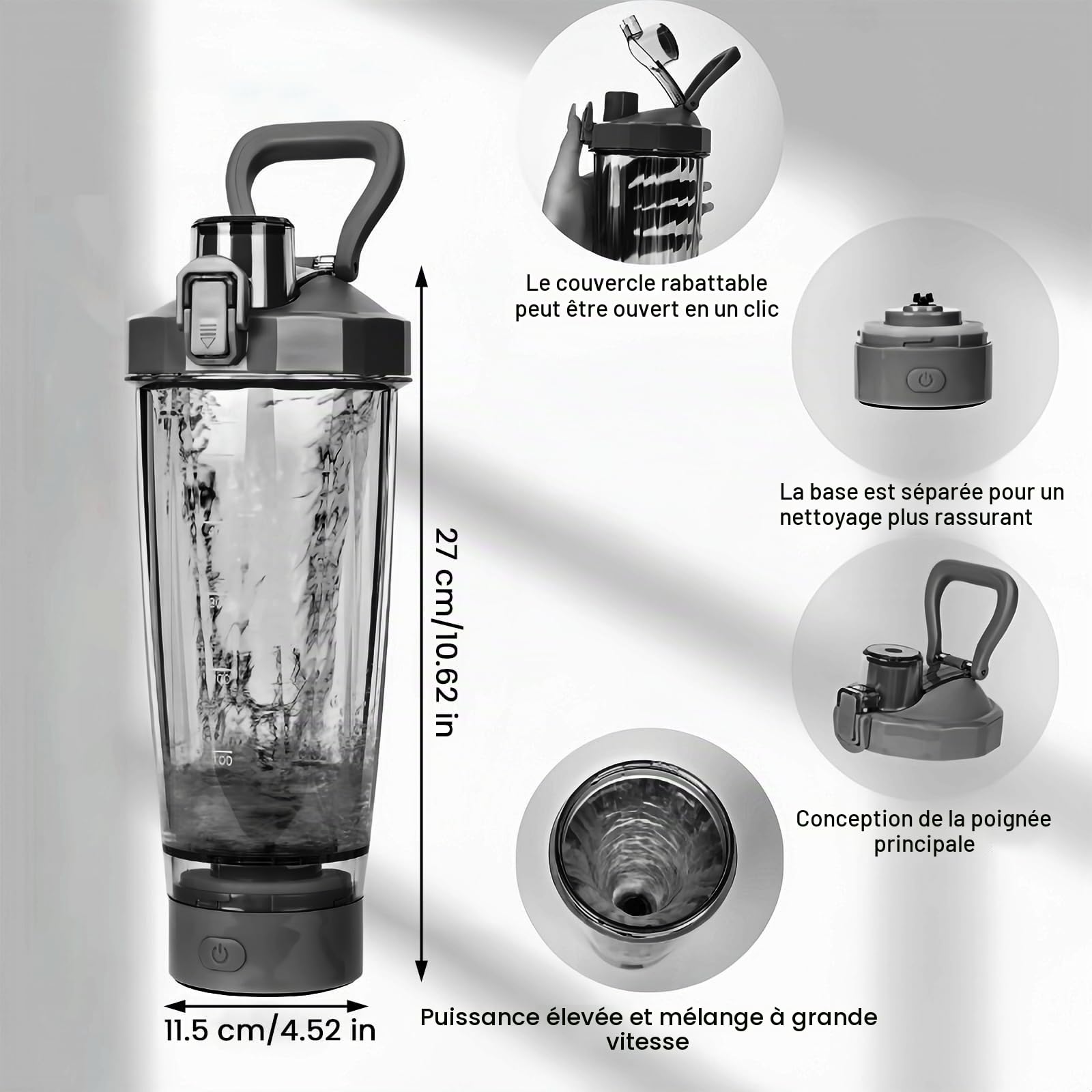 BORDEAG Shaker Électrique à Protéines USB - Bouteille de 600 ml pour Shakes Protéinés et Substituts de Repas (Noir)
