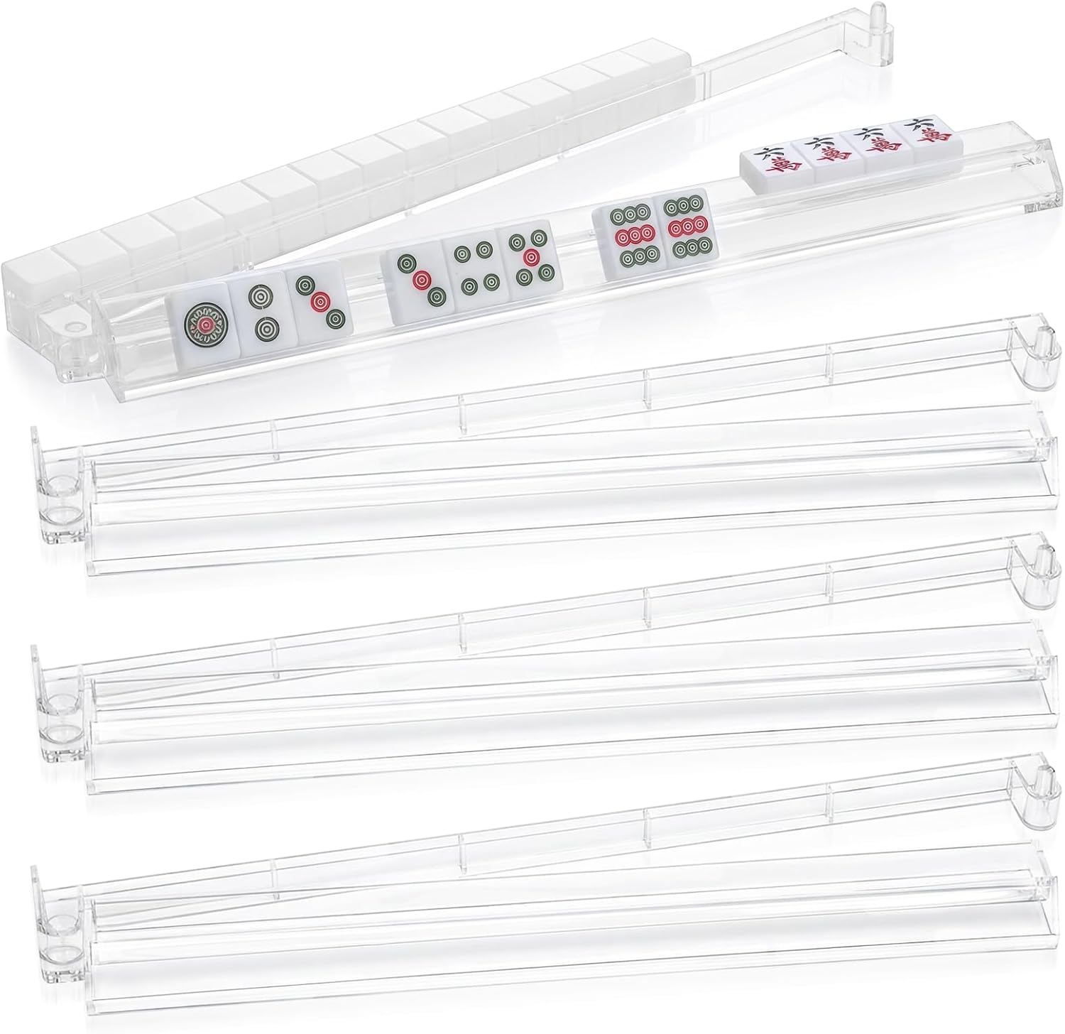 Clear Mahjong Racks with Pushers Set of 4, Acrylic American Mah Jongg Accessories and Gifts, All-in-One Mahjong Tile Holder for 1.2-inch American Mahjong