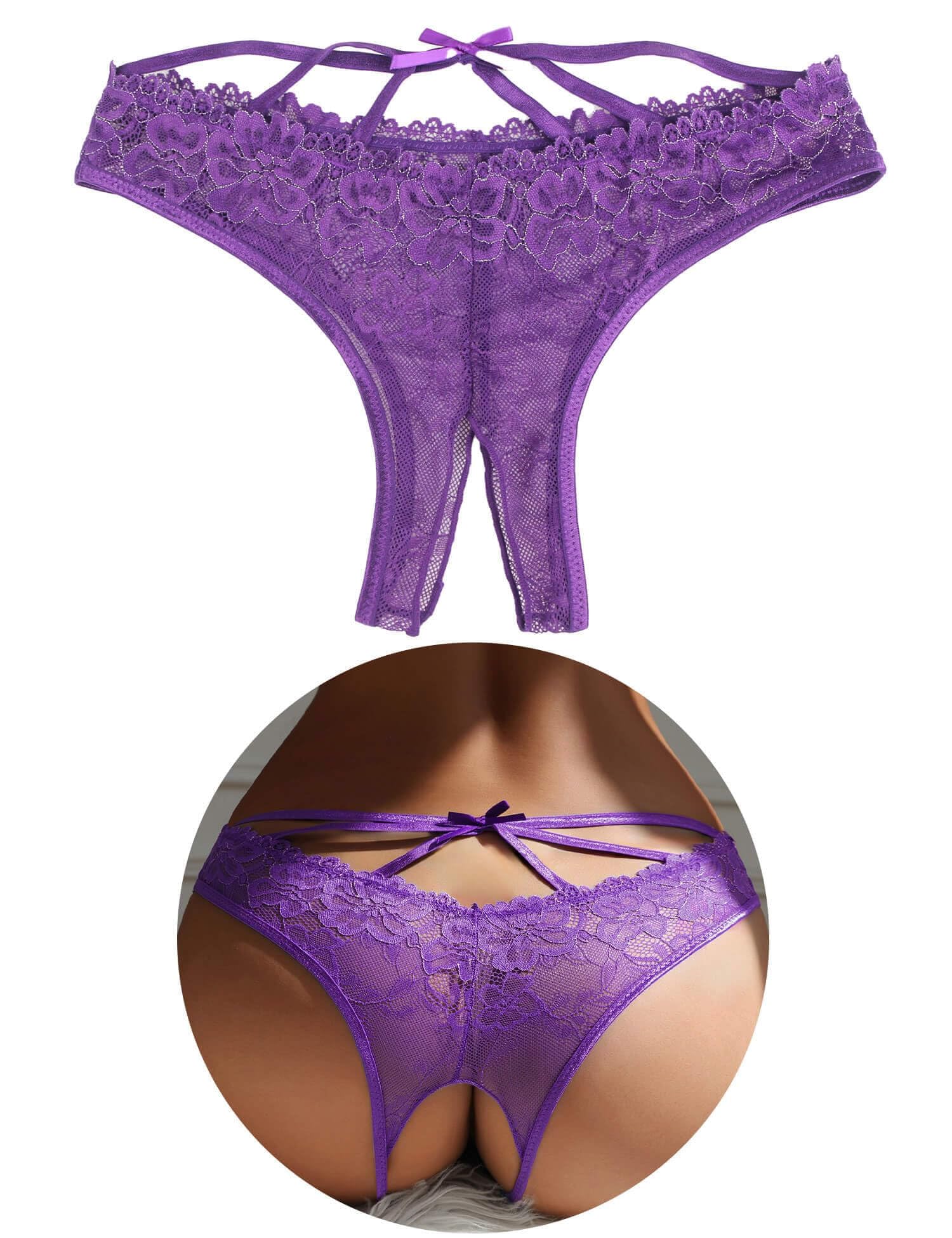 ohyeahlady Slip Ouvert Für Frauen String Große Größen Spitze Dessous Damen Sexy Unterwäsche mit Loch Curvy Höschen Unterhosen im Schritt Offen Hipster Offener Schritt Übergroße Reizwäsche Lila,L