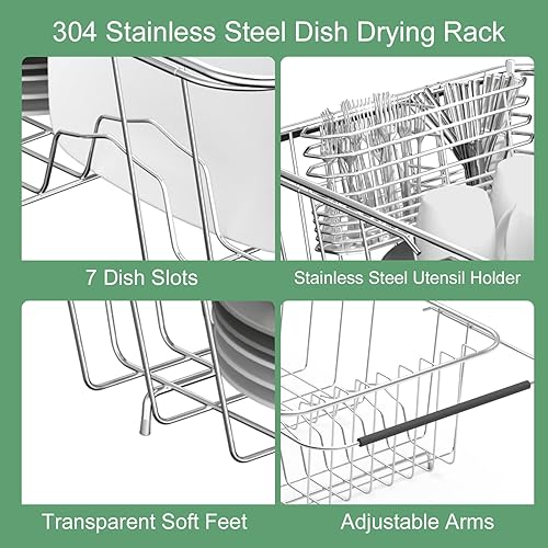 Vista 3 de JAQ Small Dish Drying Rack in Sink Adjustable 14.25" to 20.55", Expandable 304 Stainless Steel Metal Dish Drainer Rack Organizer with Stainless