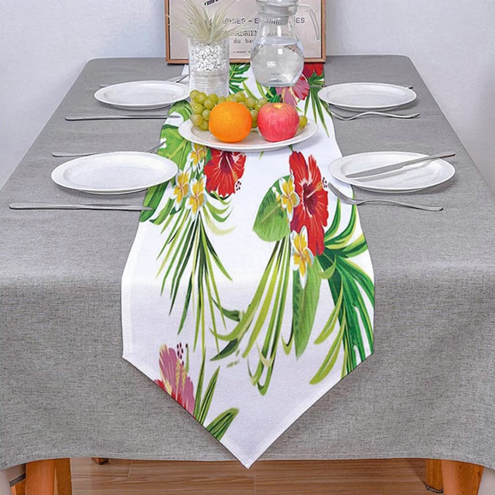 Bieżnik na stół do salonu, biały zielony dekoracja świąteczna las deszczowy kwiat bawełna len bieżnik na stół 46 x 183 cm dekoracje stołu dekoracje świąteczne