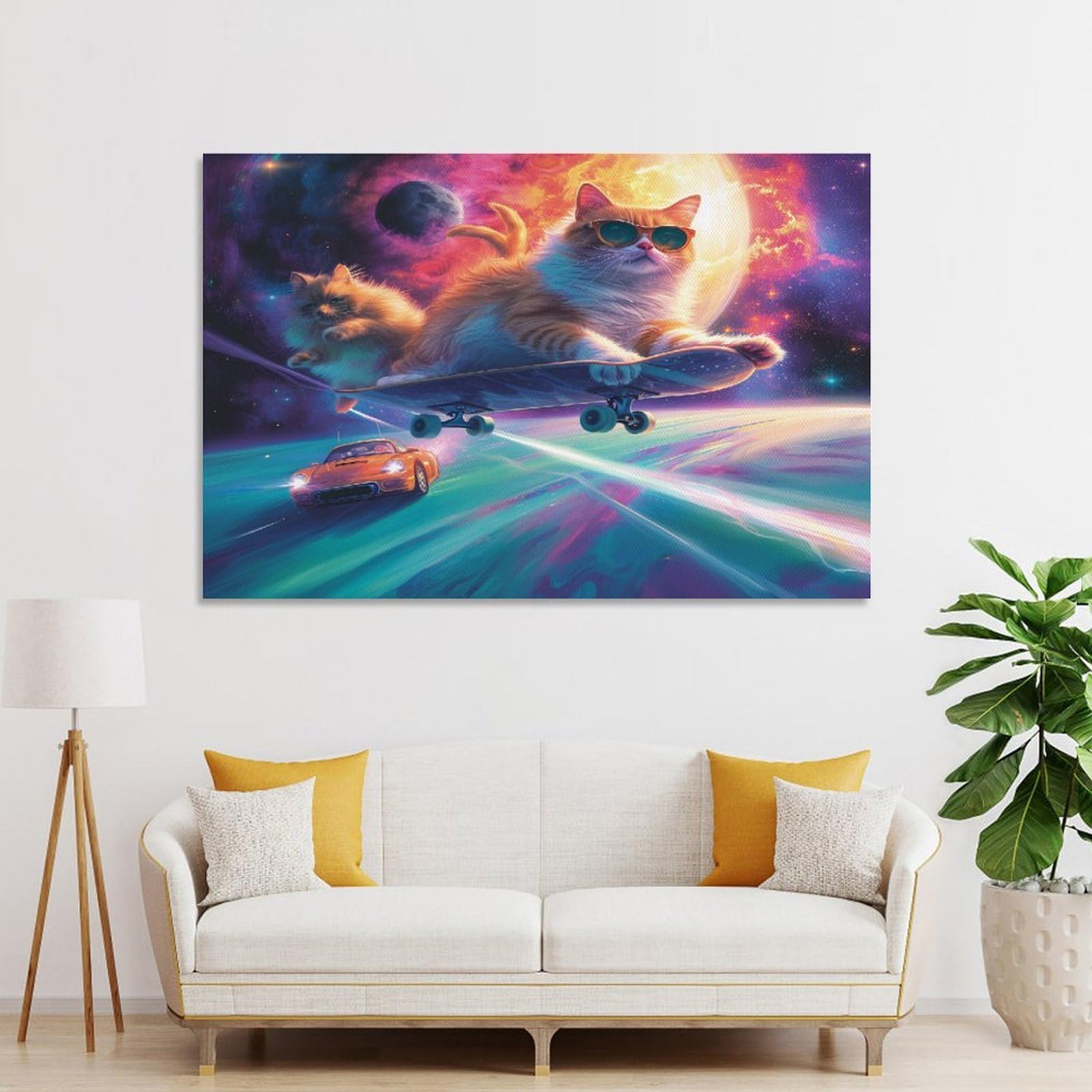 Junmoney Unframe-Style-17-2 Cosmic Skateboarding Cats Room Decor Wall Art 16X24inch(40X60cm), For Lounge Decor, Offices Or Entryway Styling, A Flexible Wall Accent For Shared Spaces