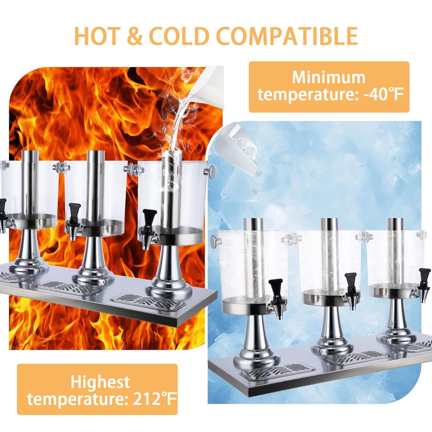 Dispensador de zumos fríos y Calientes, con núcleo Central para Hielo y bandejas antigoteo, Ideal para Fiestas, Pubs, cafeterías, restaurantes, hogares y hoteles. Silver-Threehead