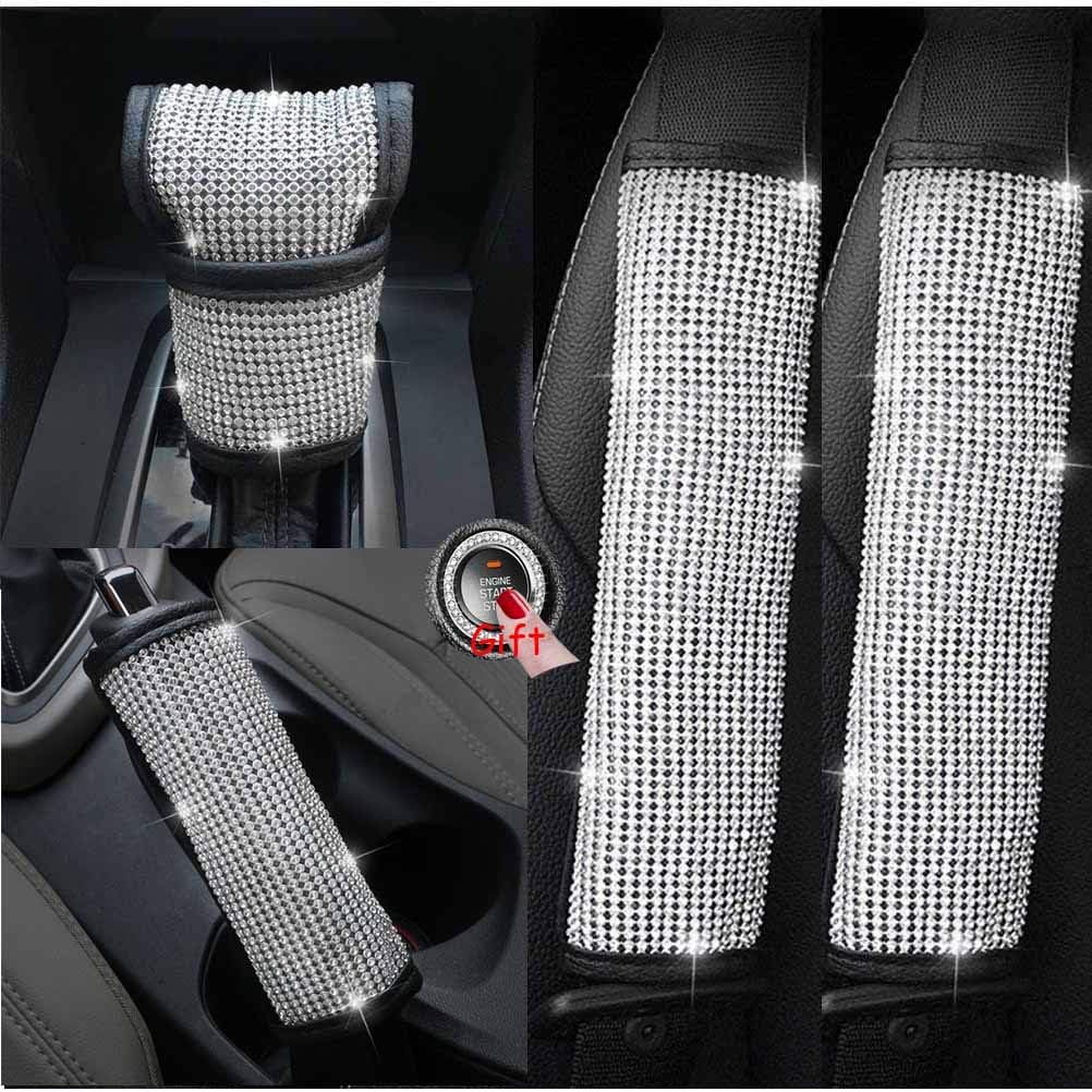 4Pcs/Set Bling Bling Seat Belt Cover & Gear Shift Knob Cover & Handbrake Cover Luster Crystal Diamond Car Decor Accessories for Women - Universal