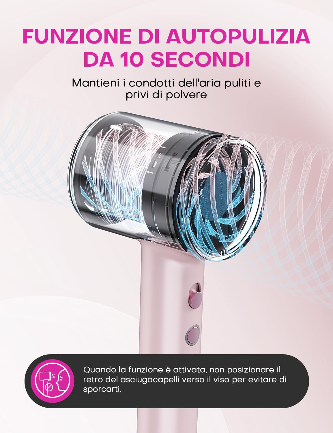 Asciugacapelli Phon Capelli con Diffusore, Phon Ionico 1600W ad Alta Velocità, 110.000 giri/min, 2 Velocità, 4 Temperature, Phon da Viaggio Leggero Silenzioso per Donna, Rosa