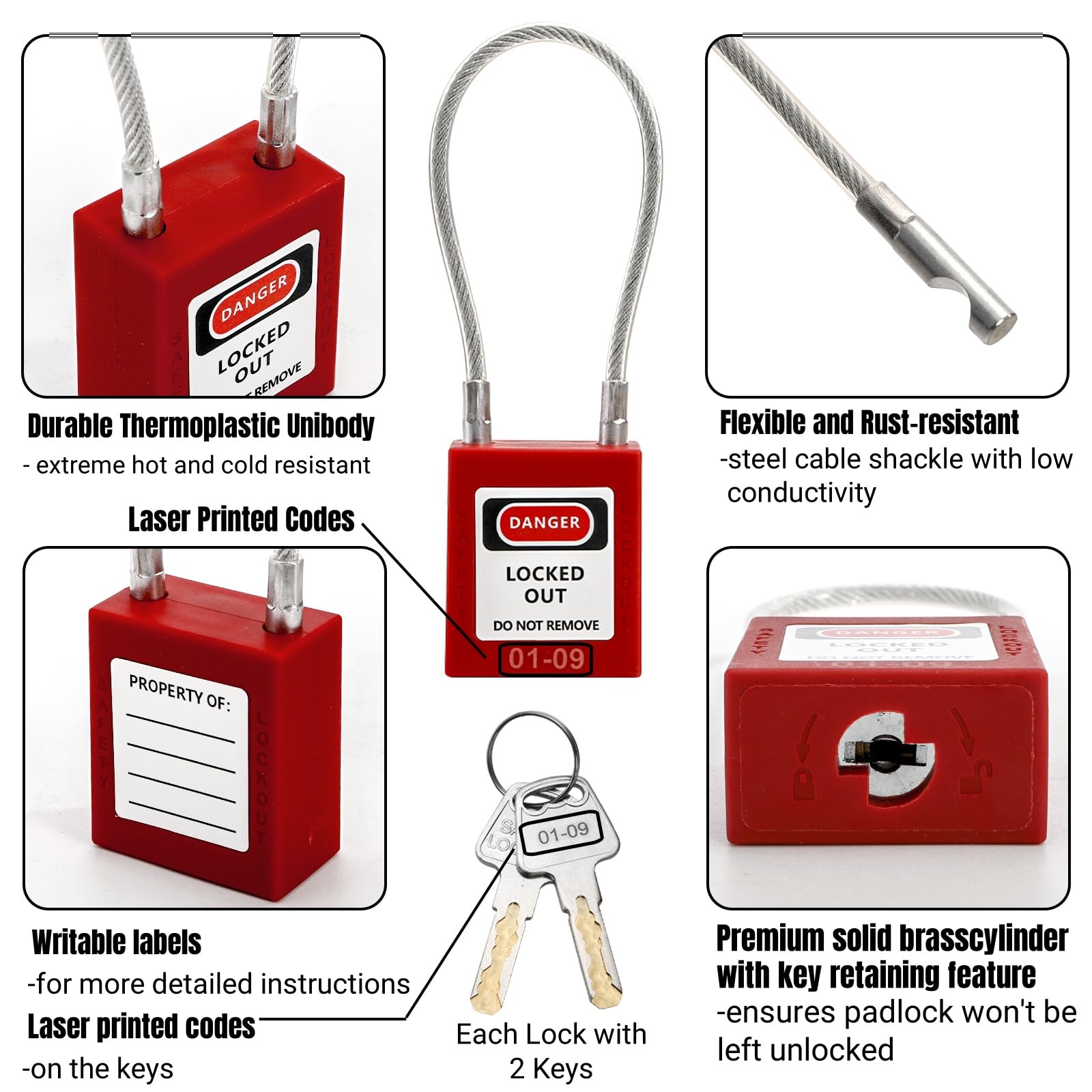 Noamus Paquete de 10 cerraduras de cable de acero con 20 llaves, juego de candados compactos con llave roja, diferentes números de cerraduras de seguridad para estaciones y dispositivos de bloqueo