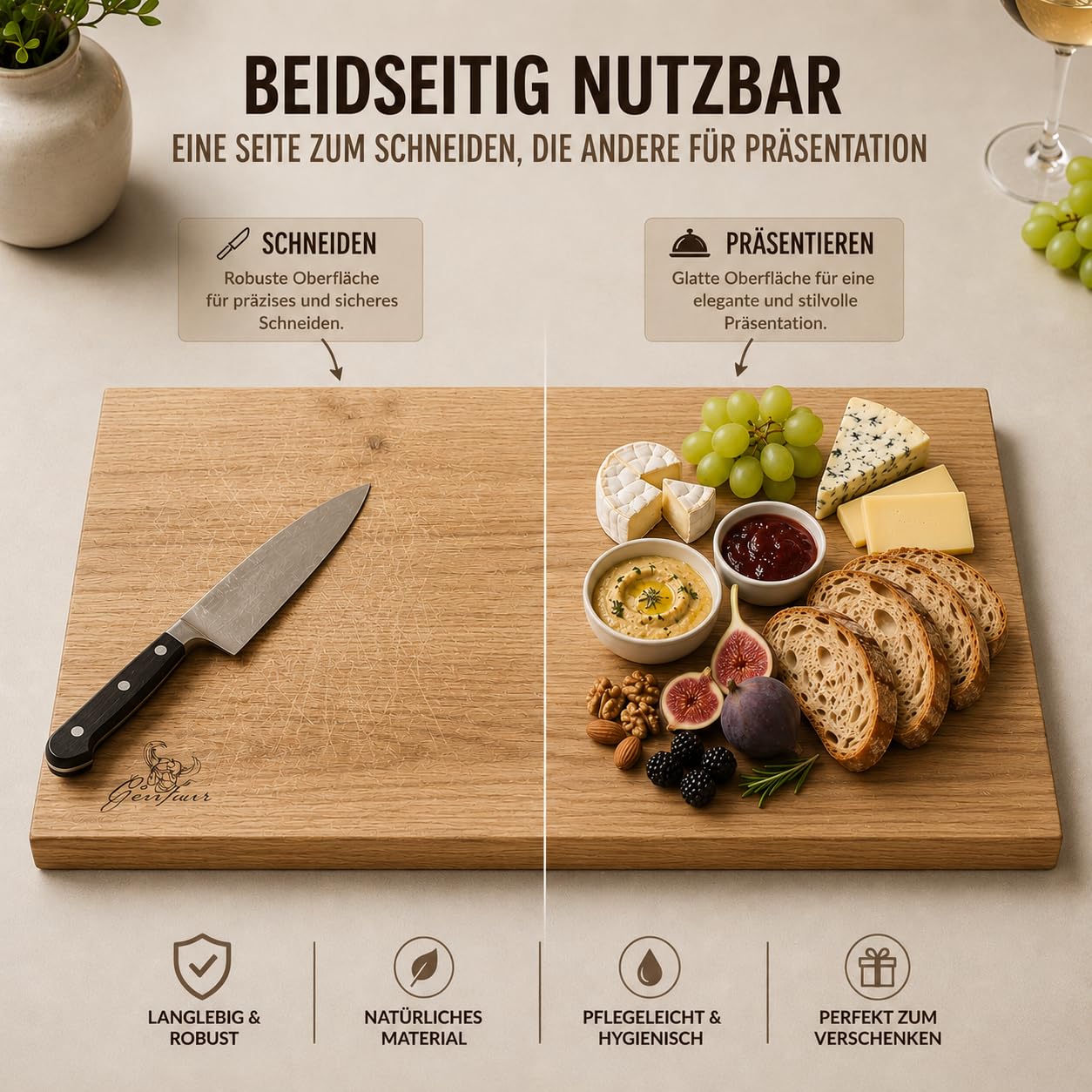 Centaur Massivholz Schneidebrett Made in Germany – Premium Küchenbrett aus Eiche 60x40cm – Großes Hackbrett mit Griffmulden & 3,5cm Stärke – Robust, Beidseitig Nutzbar & Öko-Massivholz