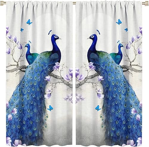 Miniatura 50 de Cortina opaca con estampado de pavo real, con estampado de animales retro, con bolsillo para cortinero y flores de peonía doradas, para dormitorio,