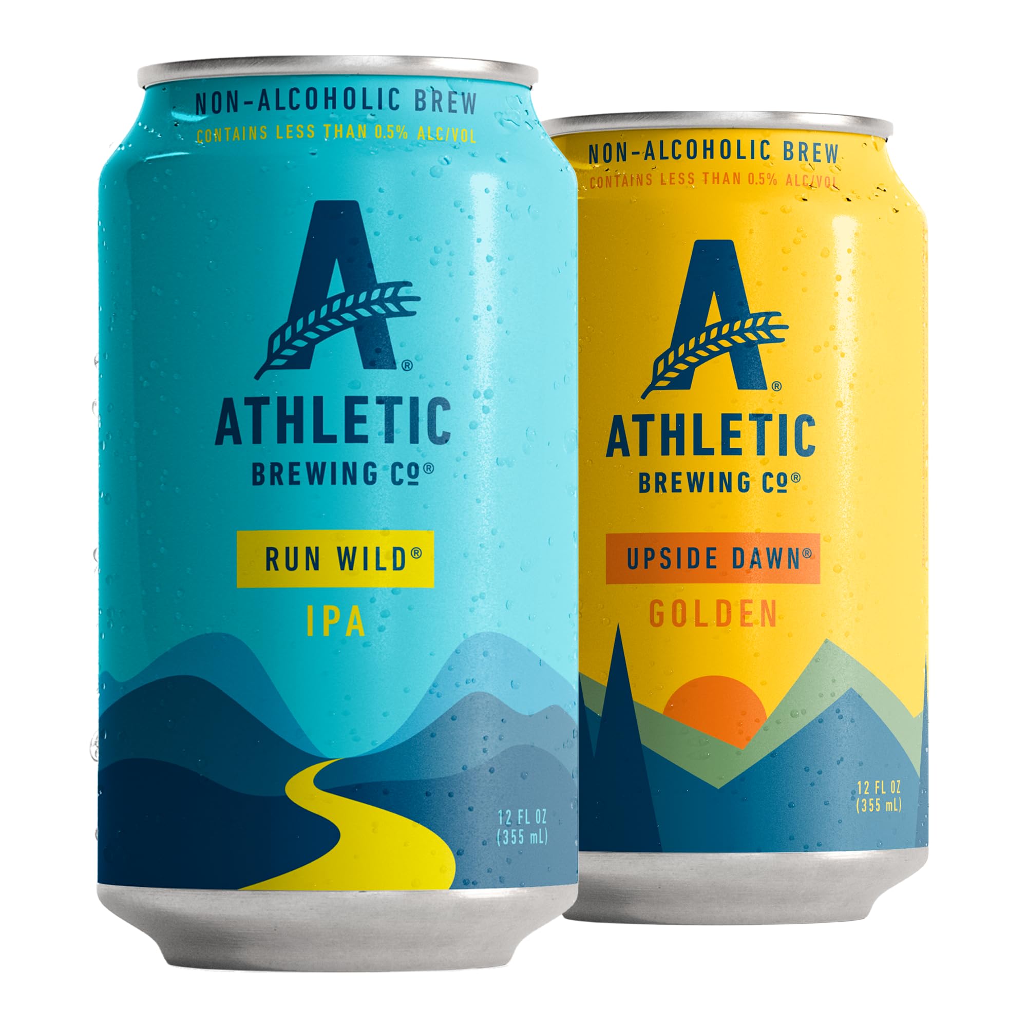 Athletic Brewing Company Craft Non Alcoholic Beer, Vegan Golden & IPA, Low Calorie Brews, 6 Upside Dawn & 6 Run Wild, 12 Pack, 12 FL Oz Cans