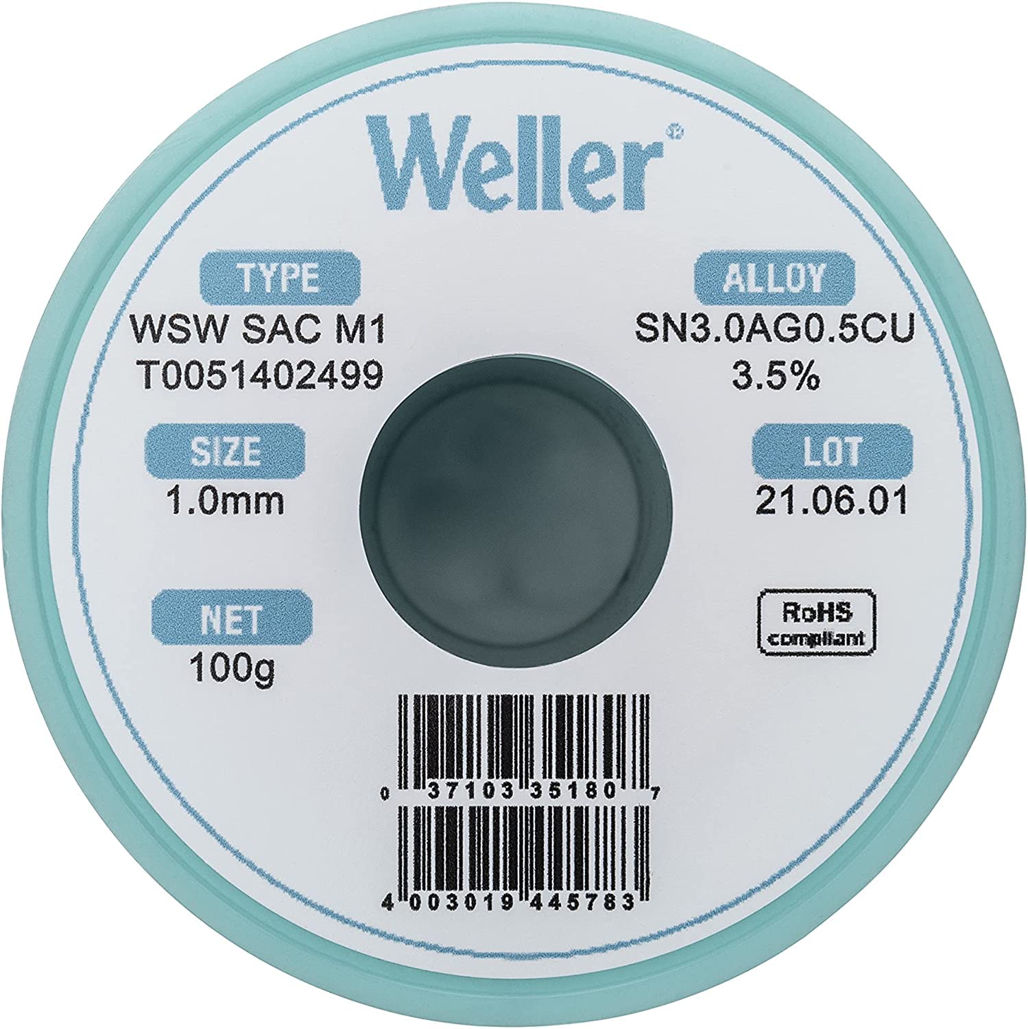 Weller WSW sac M1 (T0051402499) drut lutowniczy, Ø 1,0 mm, 100 g, stop Sn96.5Ag3.0Cu0.5, zawartość kremówki 3,5%, srebrny