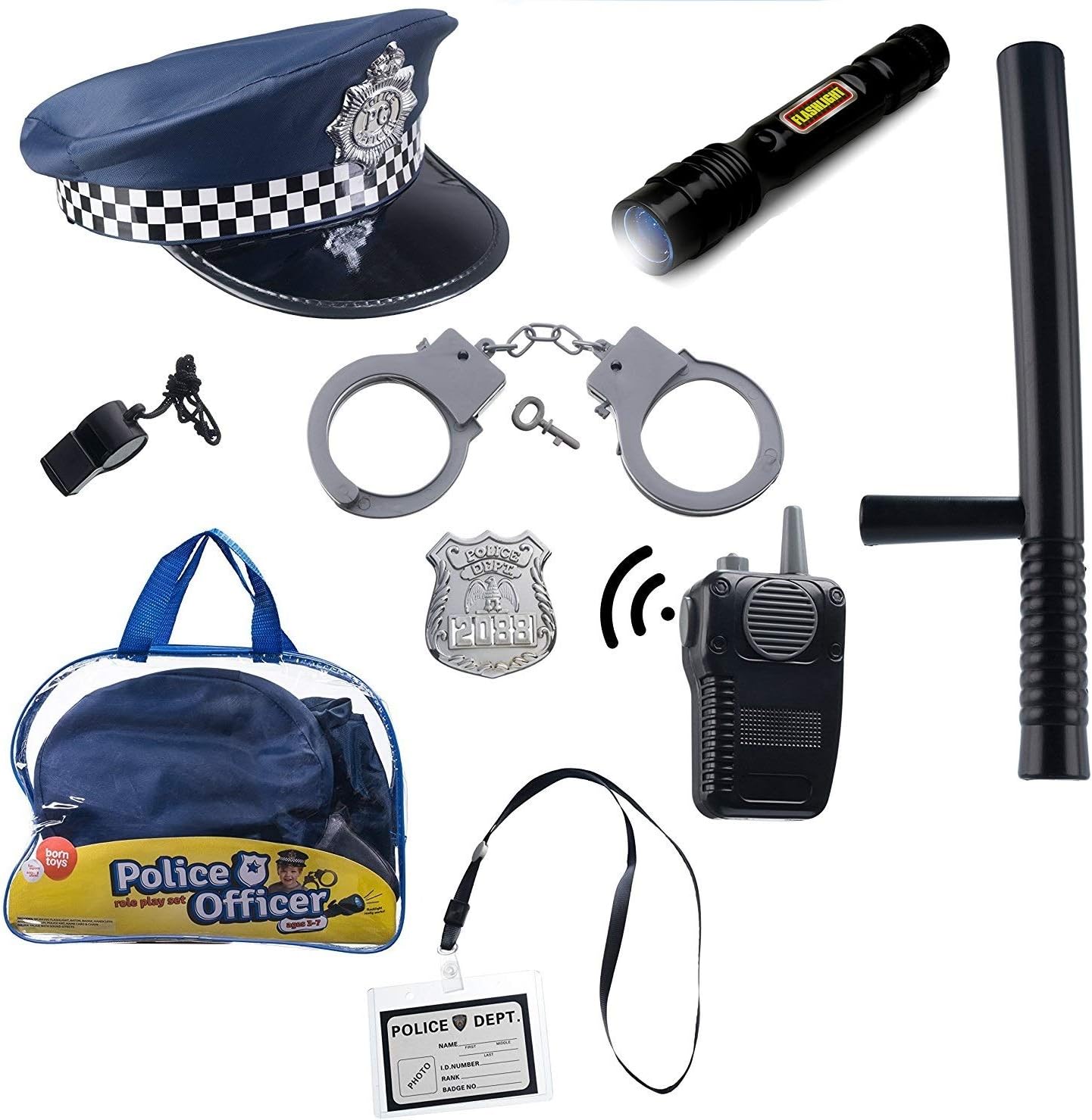 Born Toys (11 PCS Police Hat and Toys role play set for Swat, Detective,FBI, Halloween and Police Costume Dress up (Police Toy without Gun)