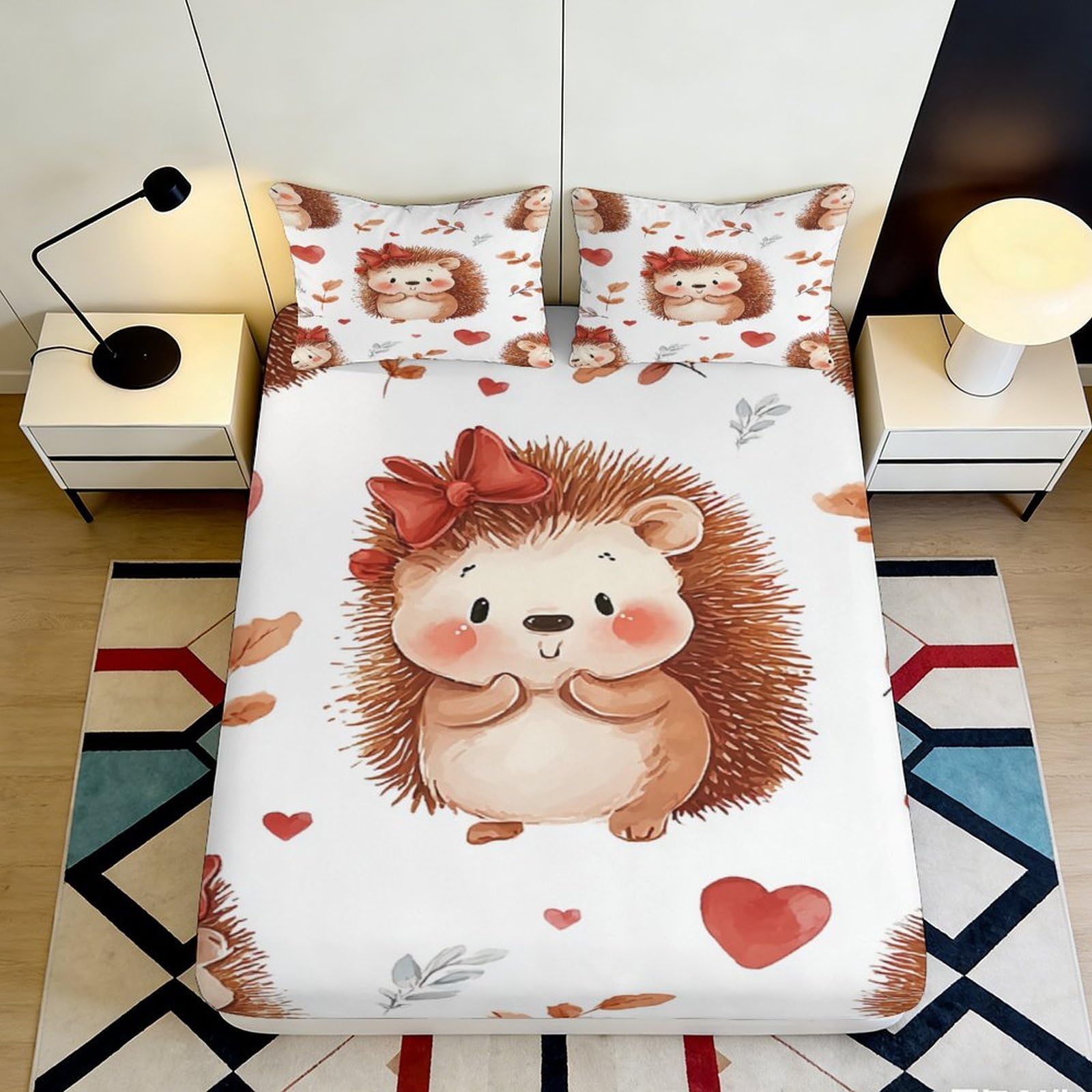 3D Printed Cute Hedgehog Fitted Sheet Microfiber Deep Pocket Cartoon Hedgehog Mattress Fitted Cover Non-Slip Washable for Bedroom Home 160x200x25cm