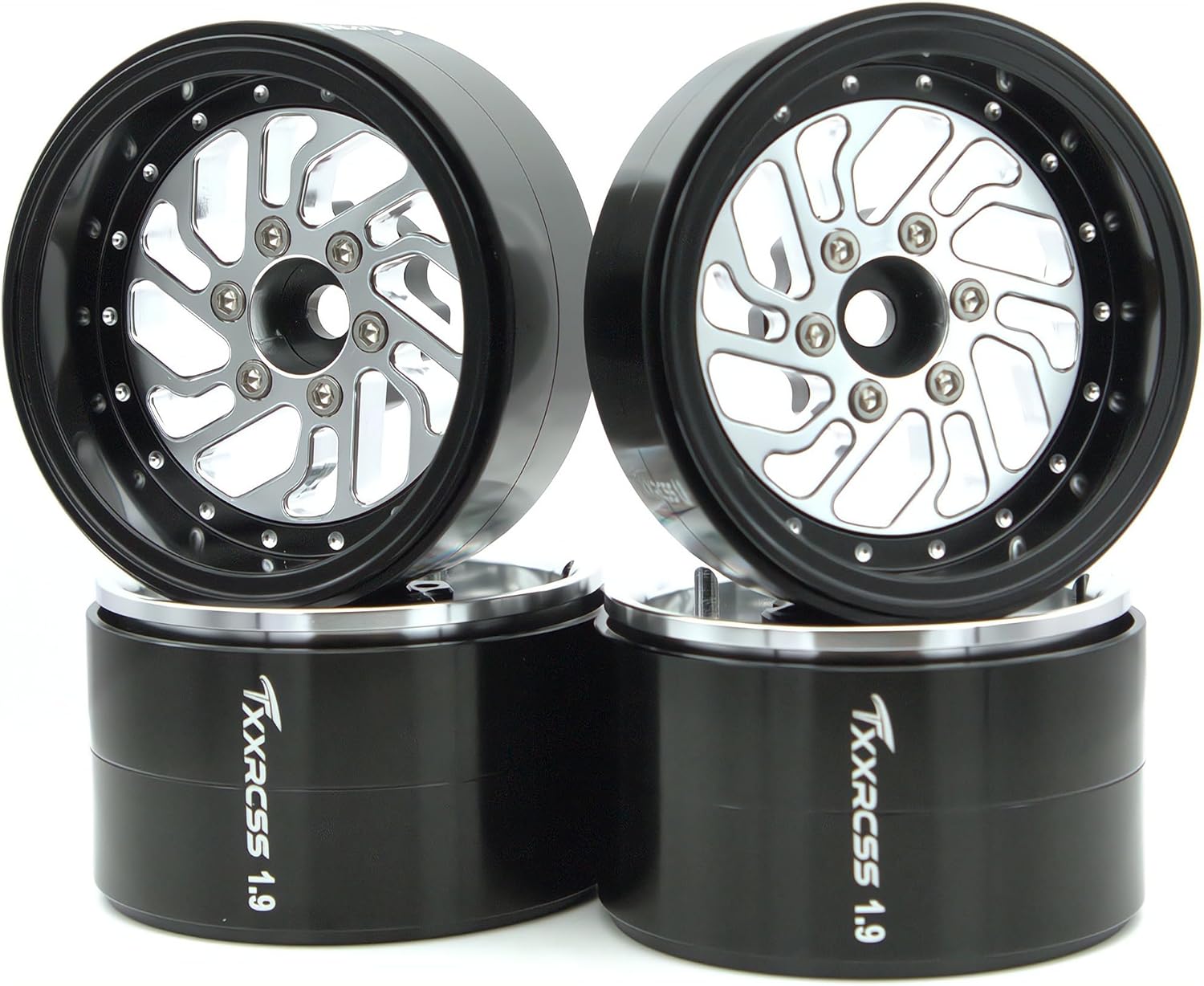 RC 1.9 Inch Beadlock Wheels Offsets -8.5mm Rims Hex 12mm Aluminum Wheel for TRX4 TRX6 SCX10 Gen8 1/10 RC Crawler Remote Control Car Upgrades Accessories (Silver & Black)