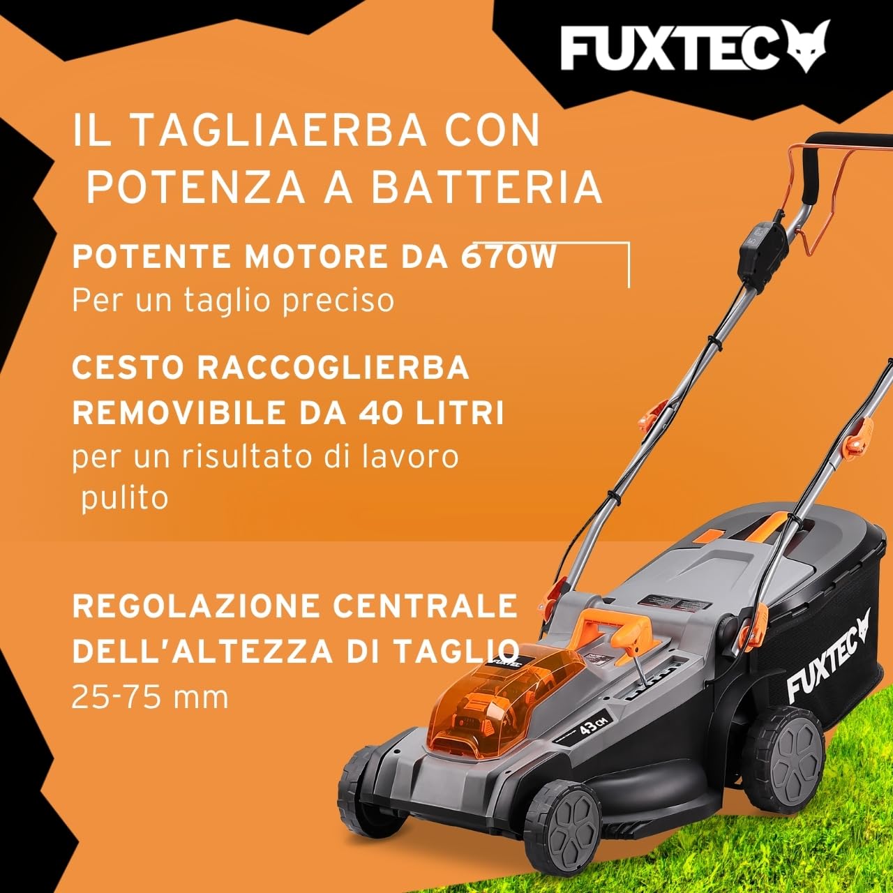 FUXTEC Tagliaerba a batteria FX-E2RM43PRO • 43 cm larghezza taglio • 40V batteria litio • trazione con velocità variabile • funzione mulching • regolazione altezza 25–75 mm