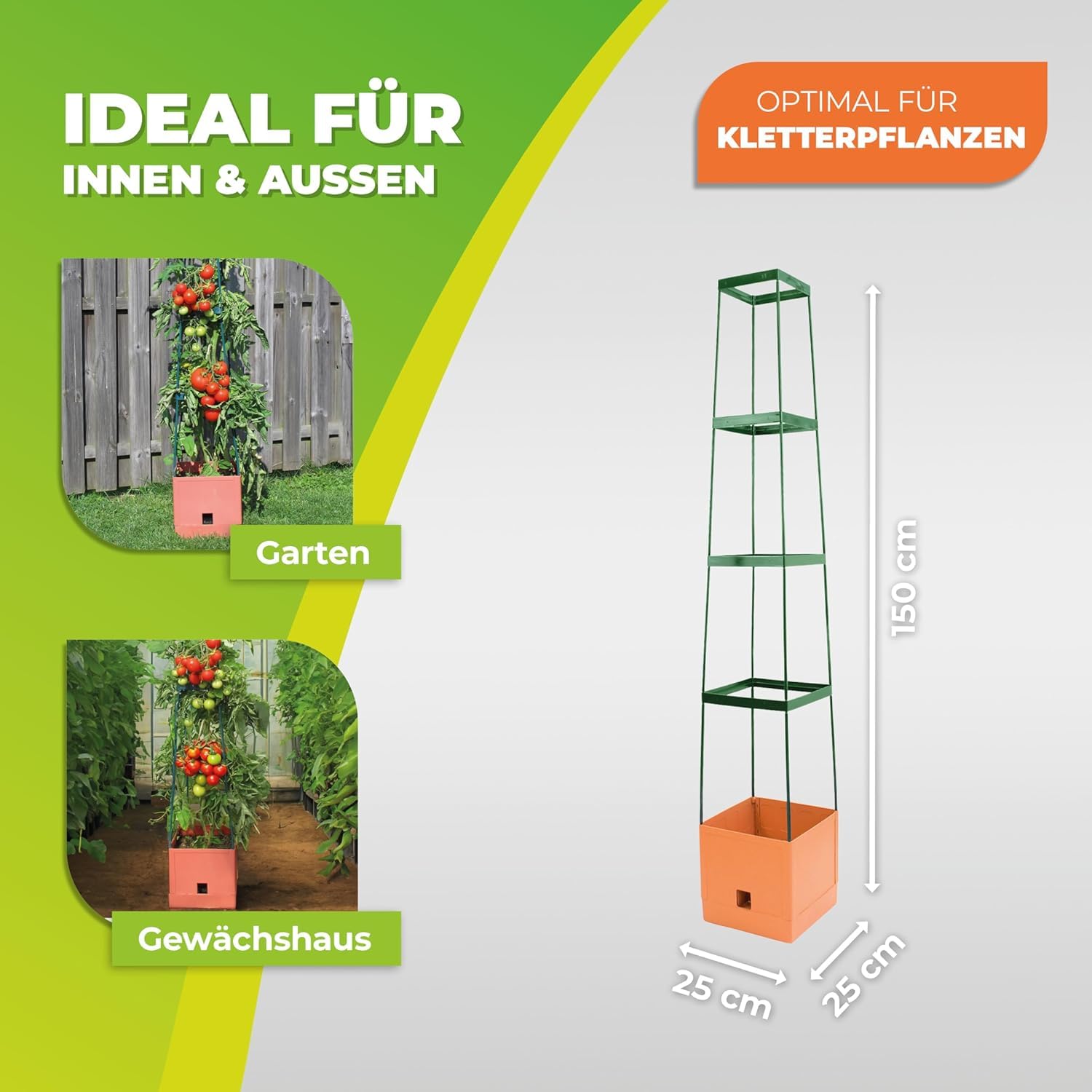 BioGreen Pflanzen-Aufzucht-Turm „Maxitom“ 3er-Set mit Rankhilfe und 2-Liter-Wasserspeicher | 16 Liter Fassungsvermögen | 150 cm Höhe | Farbe: Terracotta