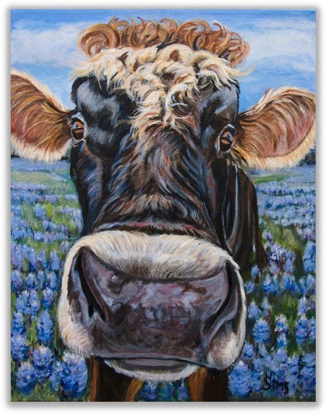 HandmadeColorful Cow Art Print Close Up Jersey Bull Gift Animal Pictures Wall Decor, Farmhouse Kitchen Artwork Texas Bluebonnets, Mat Option