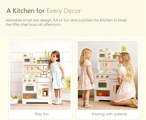 Miniatura 8 de Cocina de juego de madera para niños con máquina de hielo pequeño juego de cocina de simulación blanco con fregadero, estufa, horno y microondas,