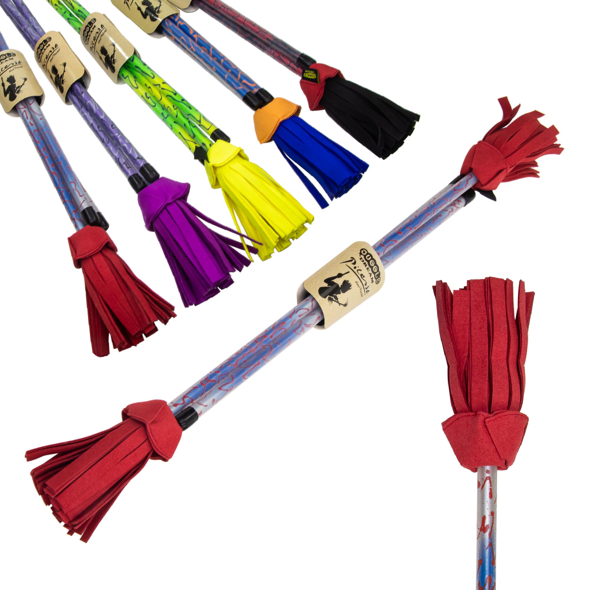 Juggle Dream Picasso Flowerstick avec Baguettes en Silicone Ultra Adhérentes. Bâton du Diable pour Jongler et Danser (Bleu/Argent/Rouge Pompons)