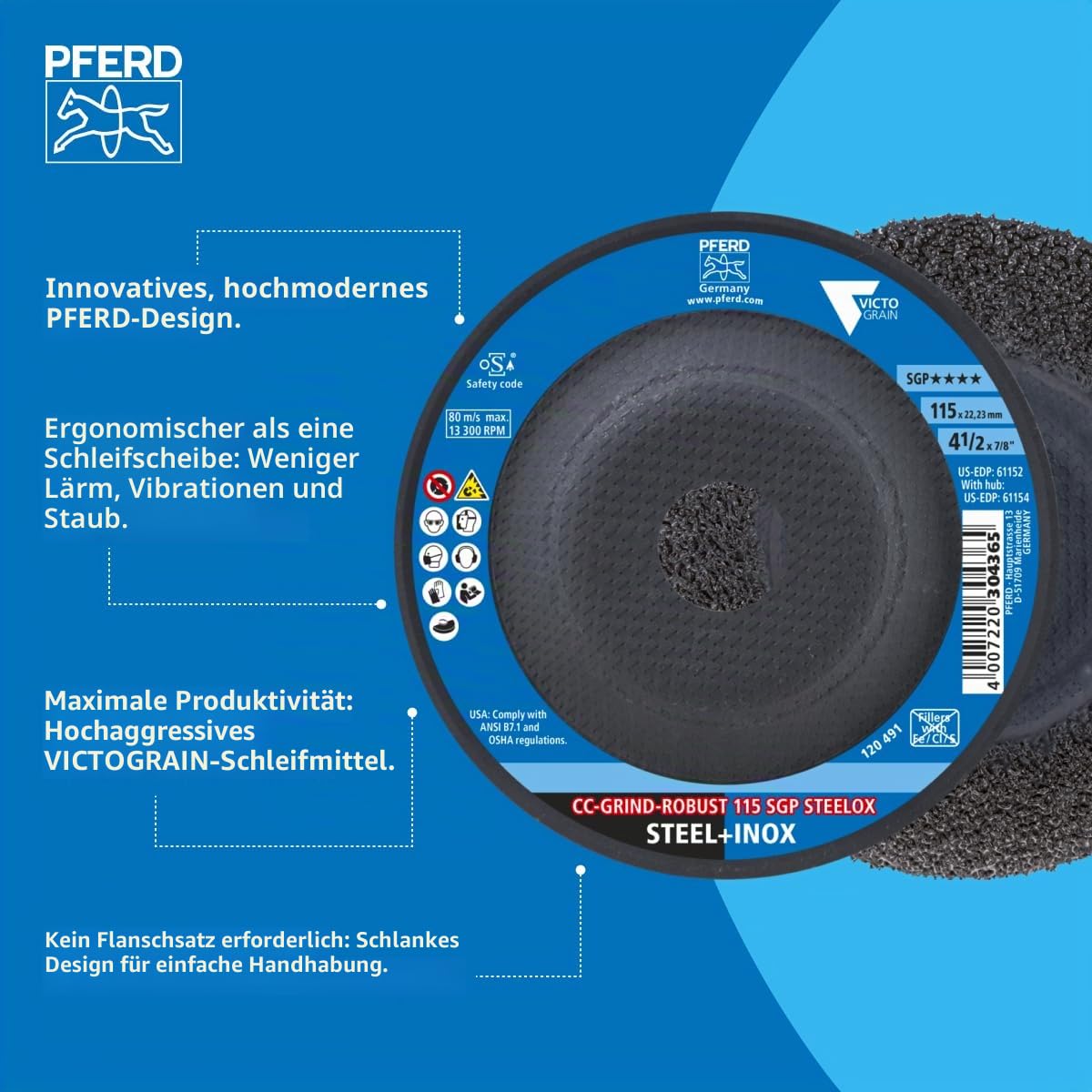 PFERD 64195116 CC-GRIND-ROBUST 115 SGP STEELOX Schleifscheibe Durchmesser 115mm Bohrungs-Ø 22.23mm