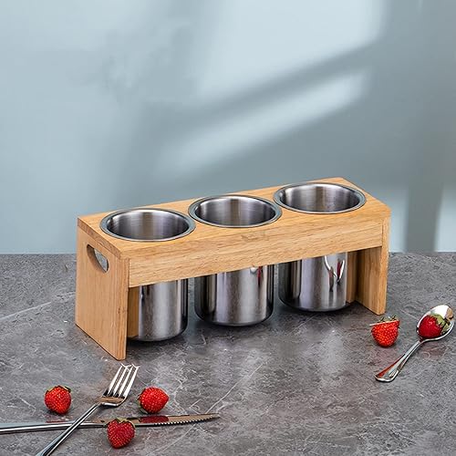 Miniatura 5 de ZOOFOX Paquete de 3 soportes para cubiertos, organizador de utensilios de acero inoxidable con base de madera, organizador de cubiertos para