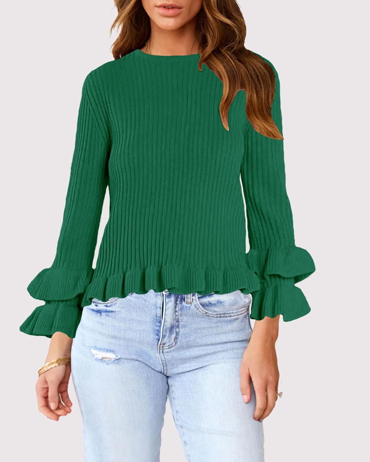 YUNLORIA Womens Fall Crew Neck Ruffle Pullover Sweaters Trendy Casual 3/4 Sleeve Ribbed Knit Sweater Tops - Image 5