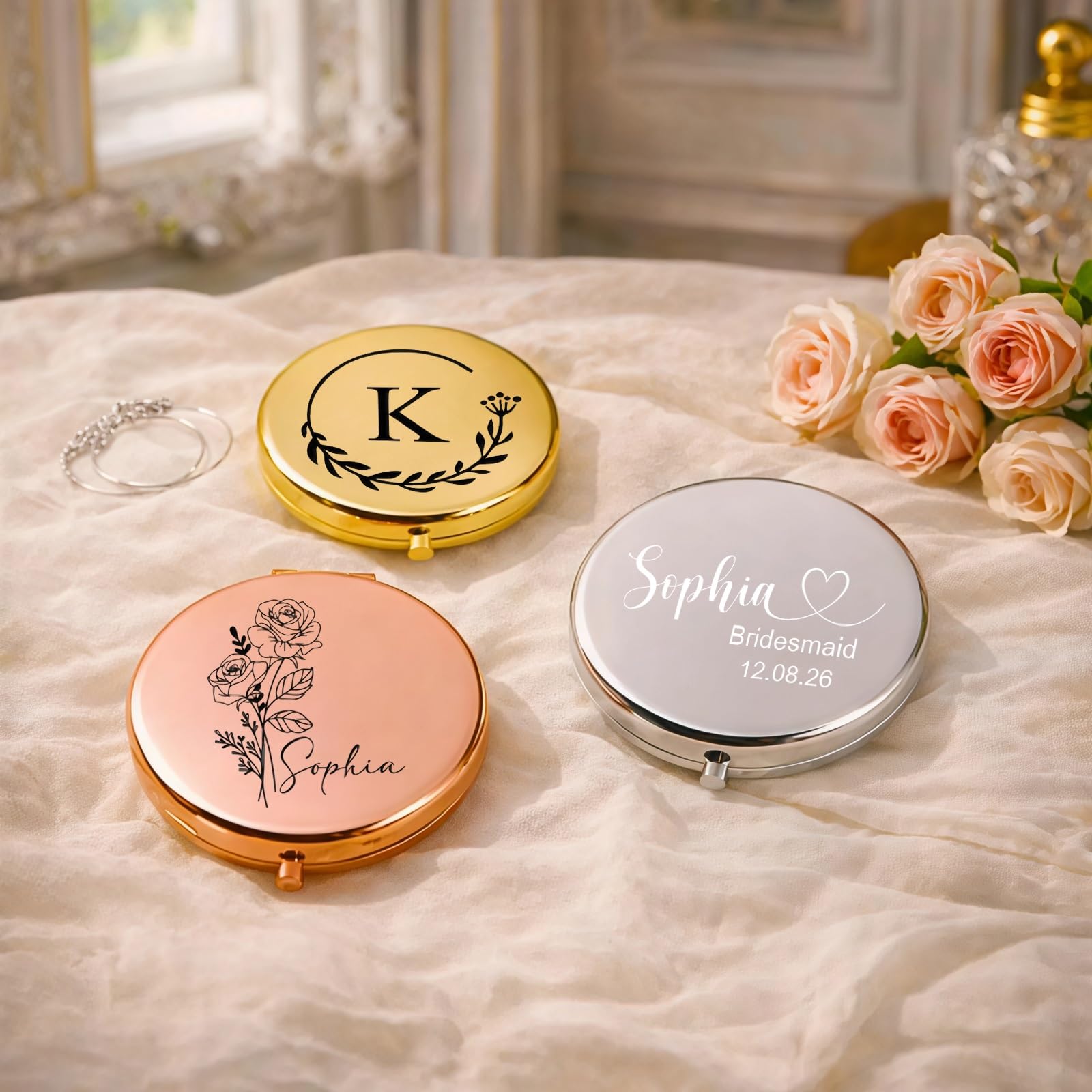 Personalized Compact Mirror with Name & Birth Flower, Custom Metal Pocket Mirror for Women, Mini Round Makeup-Mirror for Travel