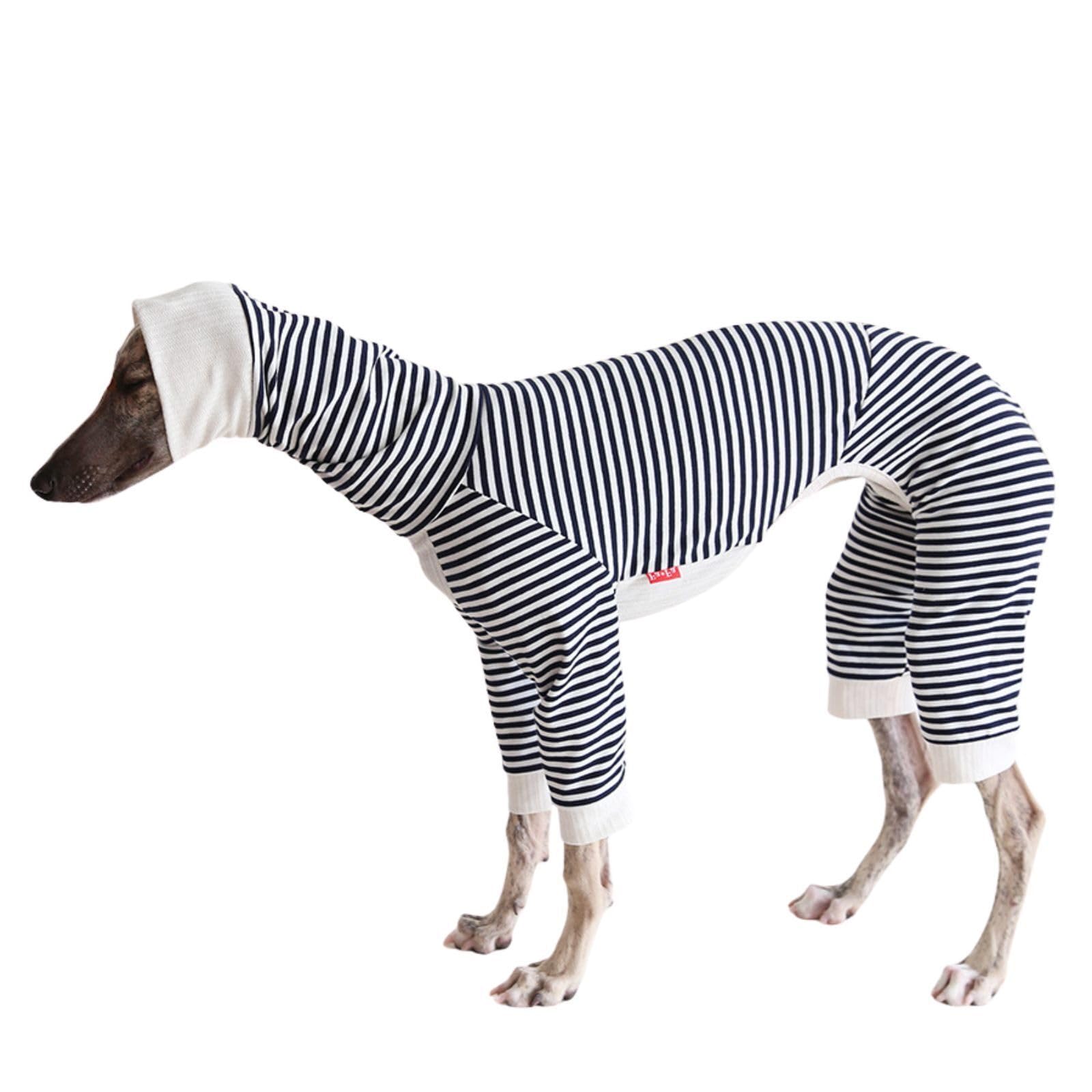 Lightweight Cotton Greyhound Jumper,Whippet Clothes with legs,Turtleneck Dogs Jumpsuit,Dog Pajamas Pjs Pullover for Greyhound Lurcher,Black Stripe_XXL