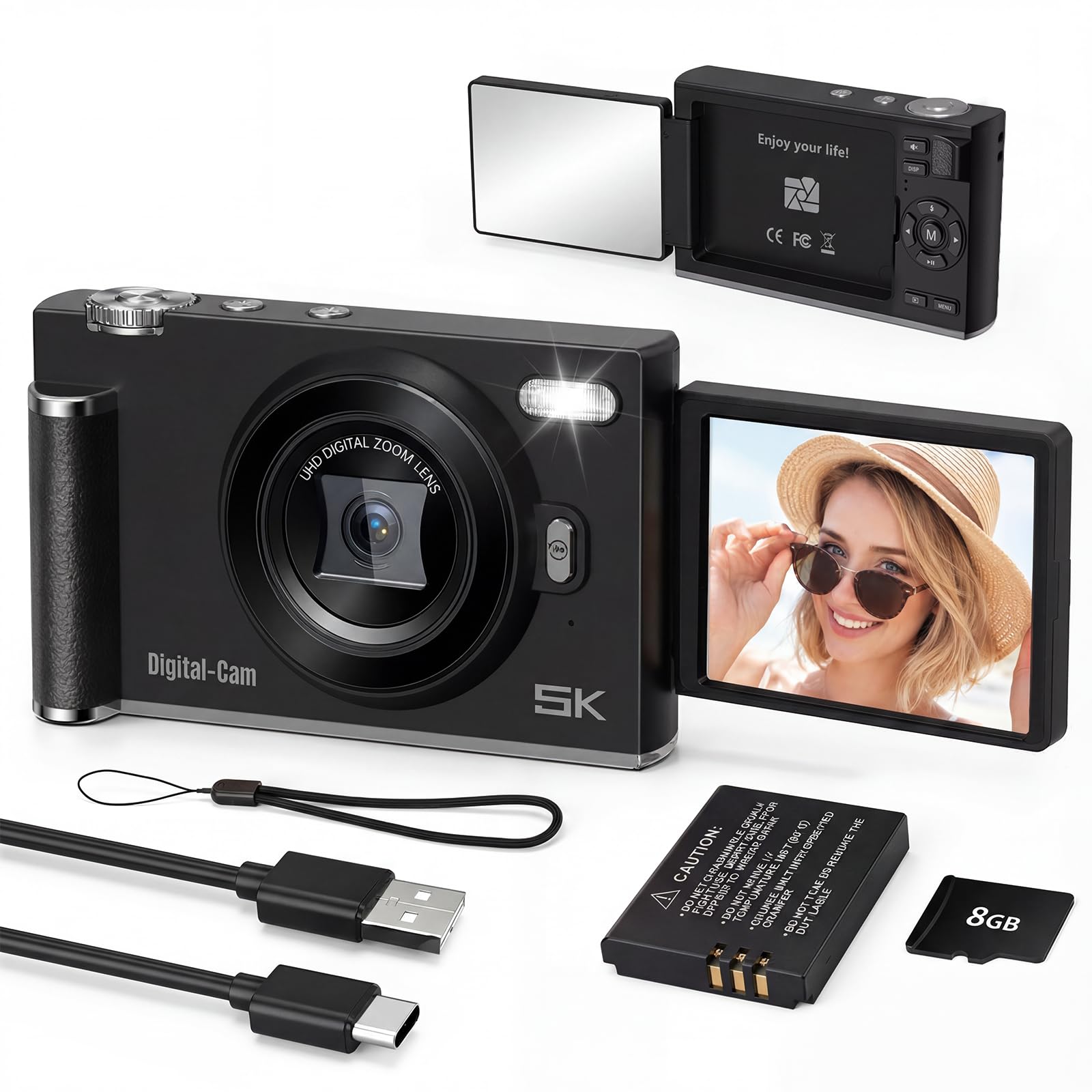 Cámara Digital 5K Selfies Pantalla 180° con Espejo para Principiante Negro