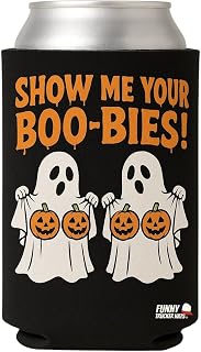 Show Me Your Boo-Bies Halloween Beer Sleeve – Funny Ghost & Pumpkin Can Cooler – Neoprene Drink Holder for Parties, Camping, Tailgating, Bachelor/Bachelorette & Gag Gifts
