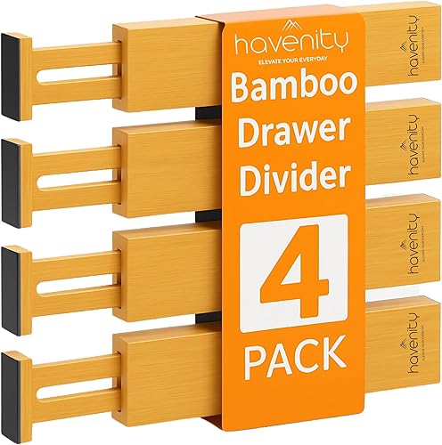 4 separadores de bambú para cajones de cocina, grandes de 14 a 19 pulgadas, con resorte, funciona en cocina, organizadores de cajones ajustables,