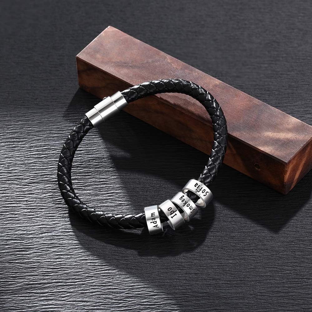 Personalized Men Name Bracelet with Custom Charm Beads Black Braid Bangle Engraved Names ID Bracelet for Dad