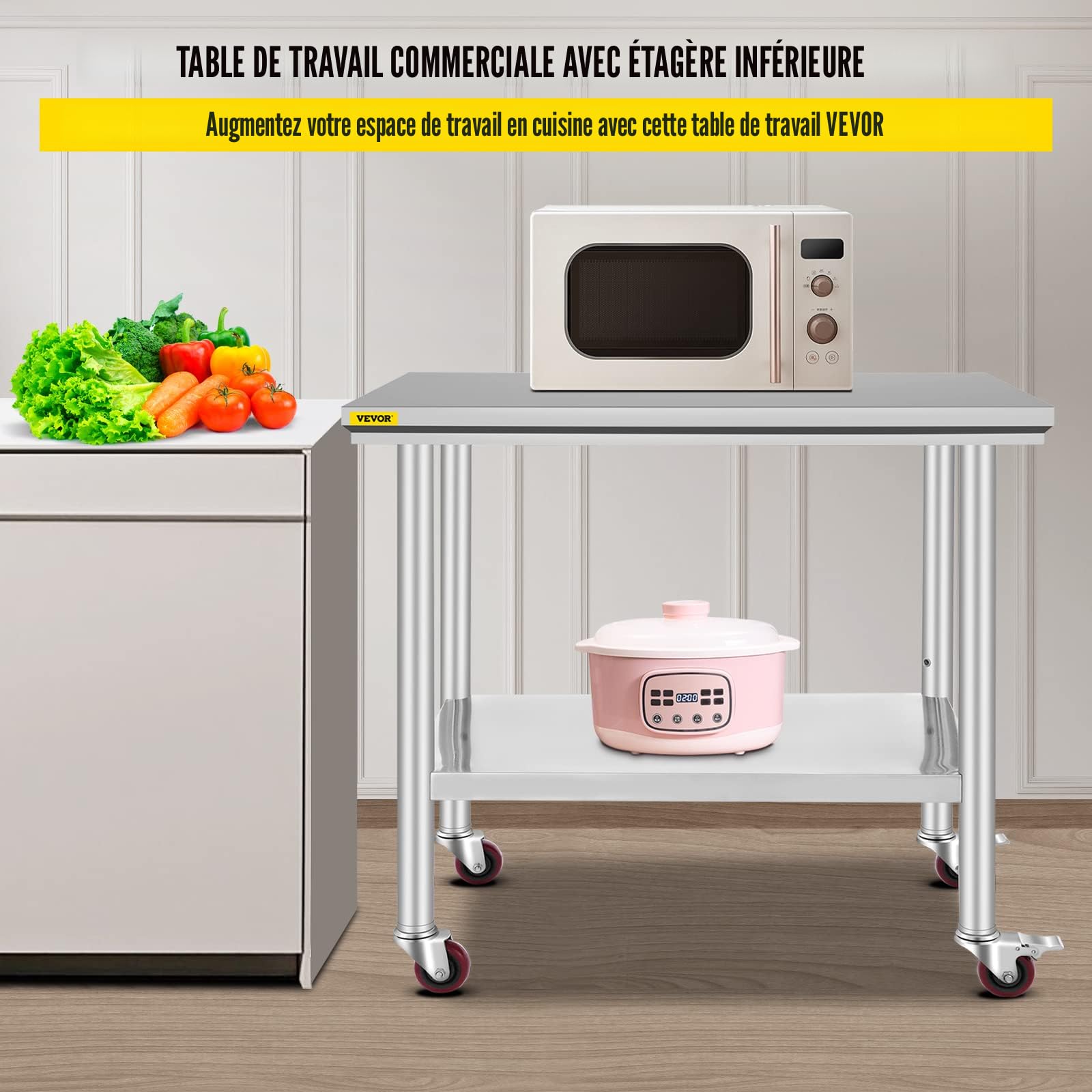 Table De Travail En Acier Inoxydable 61x91cm Avec Roulettes - Étagère Réglable, Capacité 215kg, Pour Cuisine Professionnelle, Garage - 4