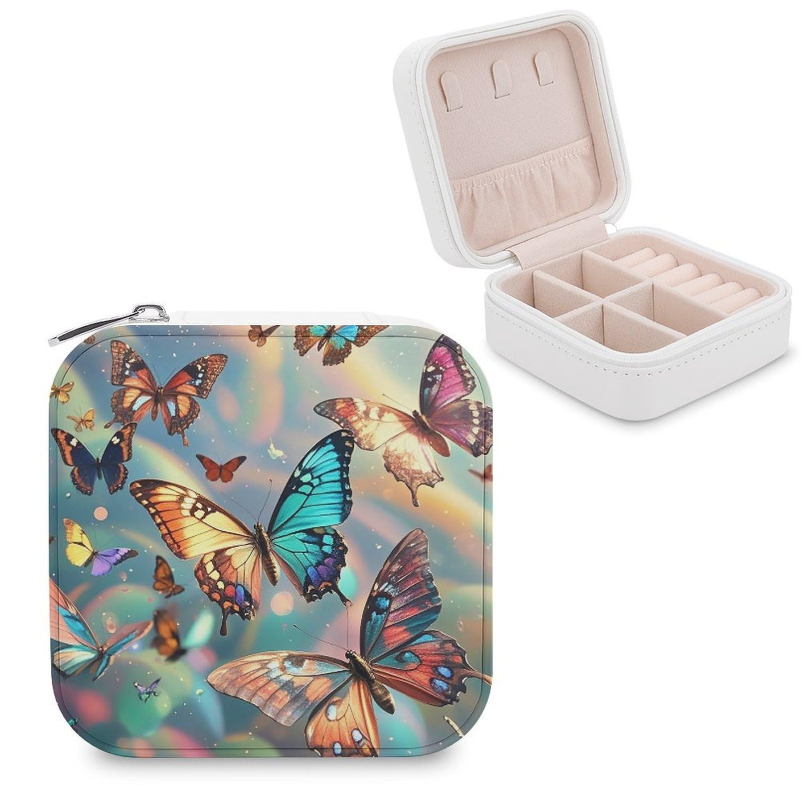 LZQPOEAS Color Butterfly Background Jewelry Box Mini Jewelry Travel Case Trendy Stuff Ring Box Custom PU Leather Jewelry Boxes Portable Jewelry Case Earring Storage Organizer for Girls Women