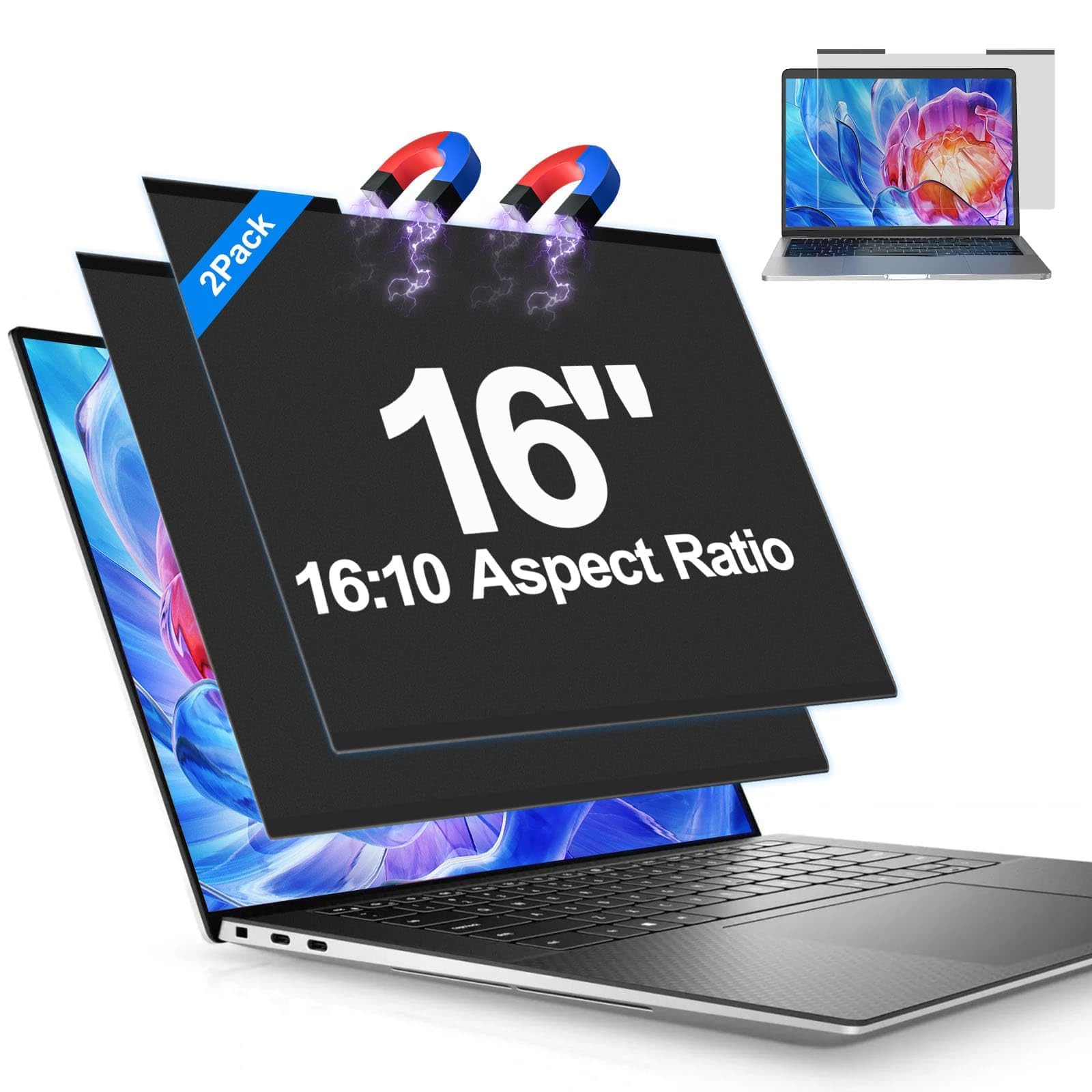 2Pack Magnetic Laptop Privacy Screen Filter 16 inch for 16:10 Widescreen Computer Monitor, Removable Anti Blue Light Privacy Shield, Anti-Glare Protector