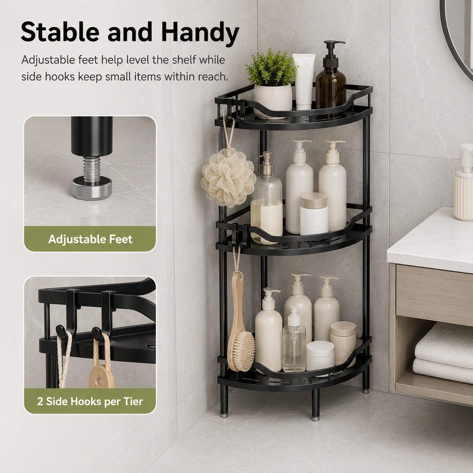 GOOGO Scaffale doccia senza foratura a 3 ripiani, mensola da bagno da terra per doccia e lavabo, organizer angolare freestanding in metallo con design drenante (nero)