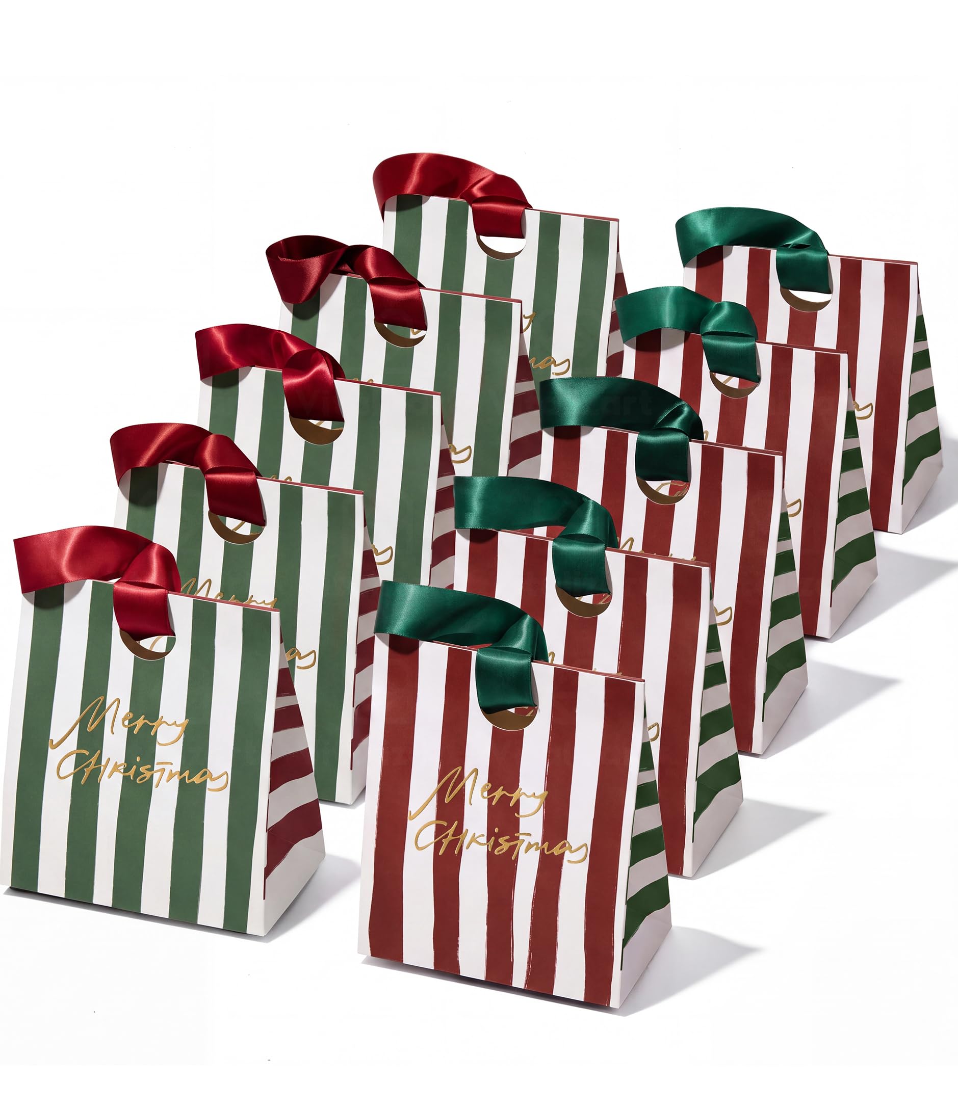 Vitalizart Small Christmas Striped Gift Bags with Ribbon Handles Set of 10
