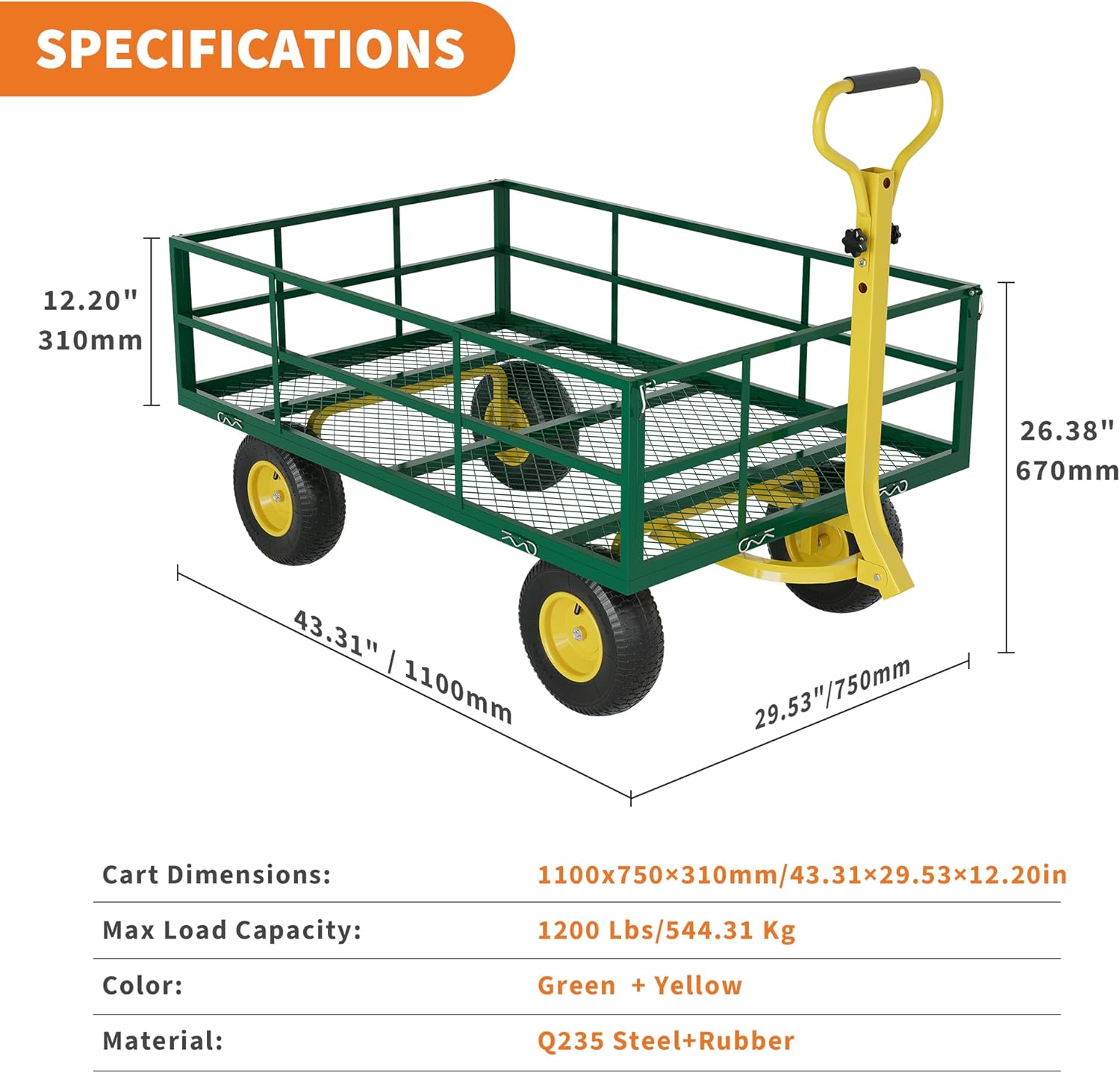Heavy Duty Steel Garden Cart, 1200 Lbs Capacity Utility Wagon with Removable Mesh Sides, 10" Pneumatic All-Terrain Tires & 180° Swivel Handle, Folding Flatbed Yard Cart for Garden, Lawn, Farm, Camping