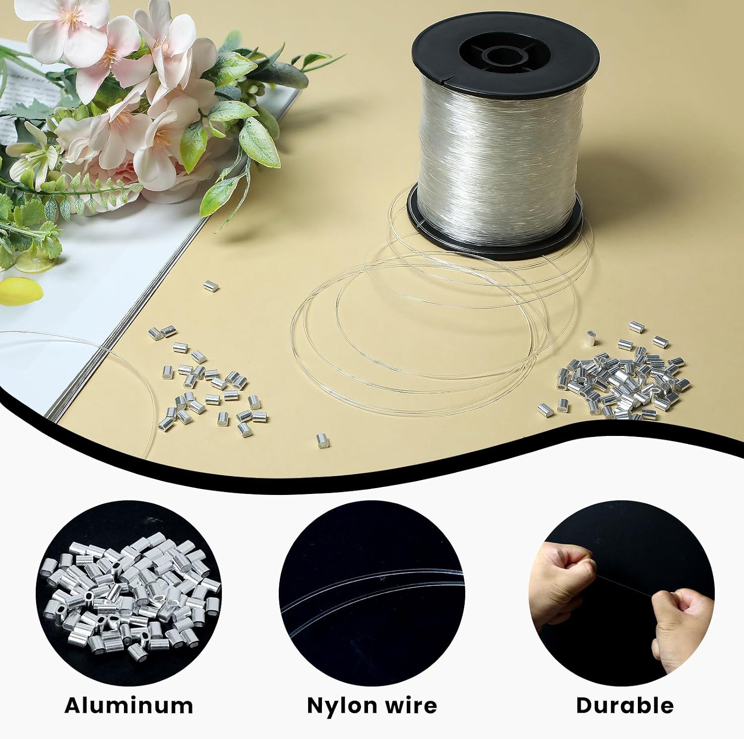 Clear Hanging Wire 0.8mm Up to 75Lbs, 820FT(250m) Heavy Duty Fishing Line, Invisible Nylon Thread with 120 Pcs Aluminum Crimping Loop Sleeves, Clear Picture Hanging Wire