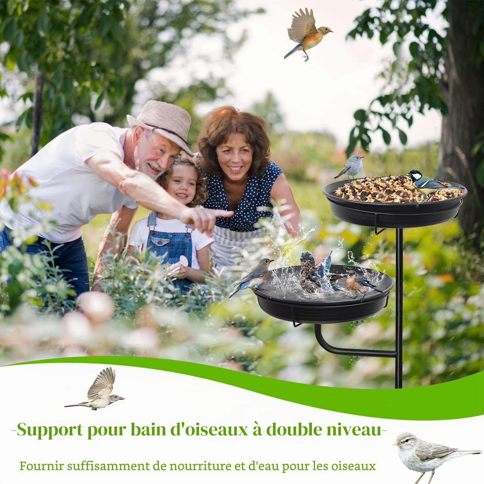 Bain d'oiseaux - Bain d'oiseaux debout - Bain d'oiseaux sauvages - Abreuvoir d'eau pour oiseaux sauvages - Jardin sur pied - Bol de bain pour oiseaux (noir)