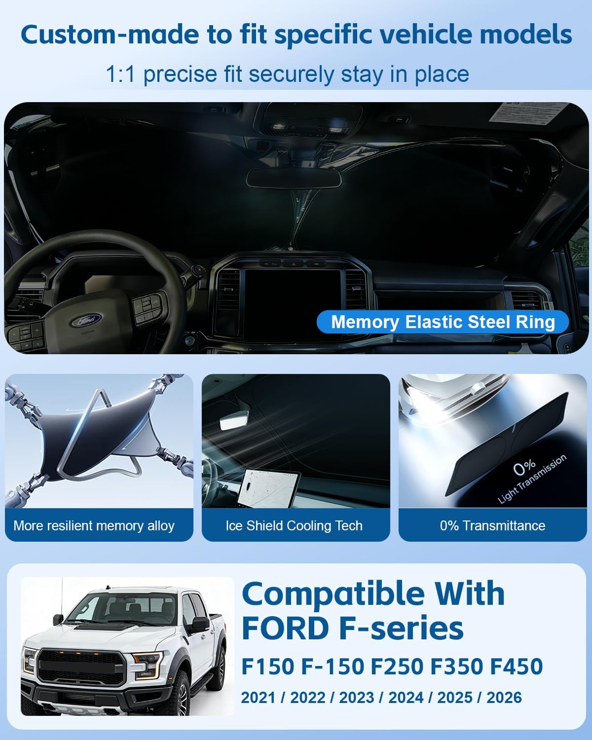 Windshield Sun Shade for Ford F150 F-150/F250/F350/F450 2026 2025-2021 Front Window Sunshade Sun Visor Protector Flag Pattern Foldable Block UV Rays Interior Windshield Cover Keep Car Cooler