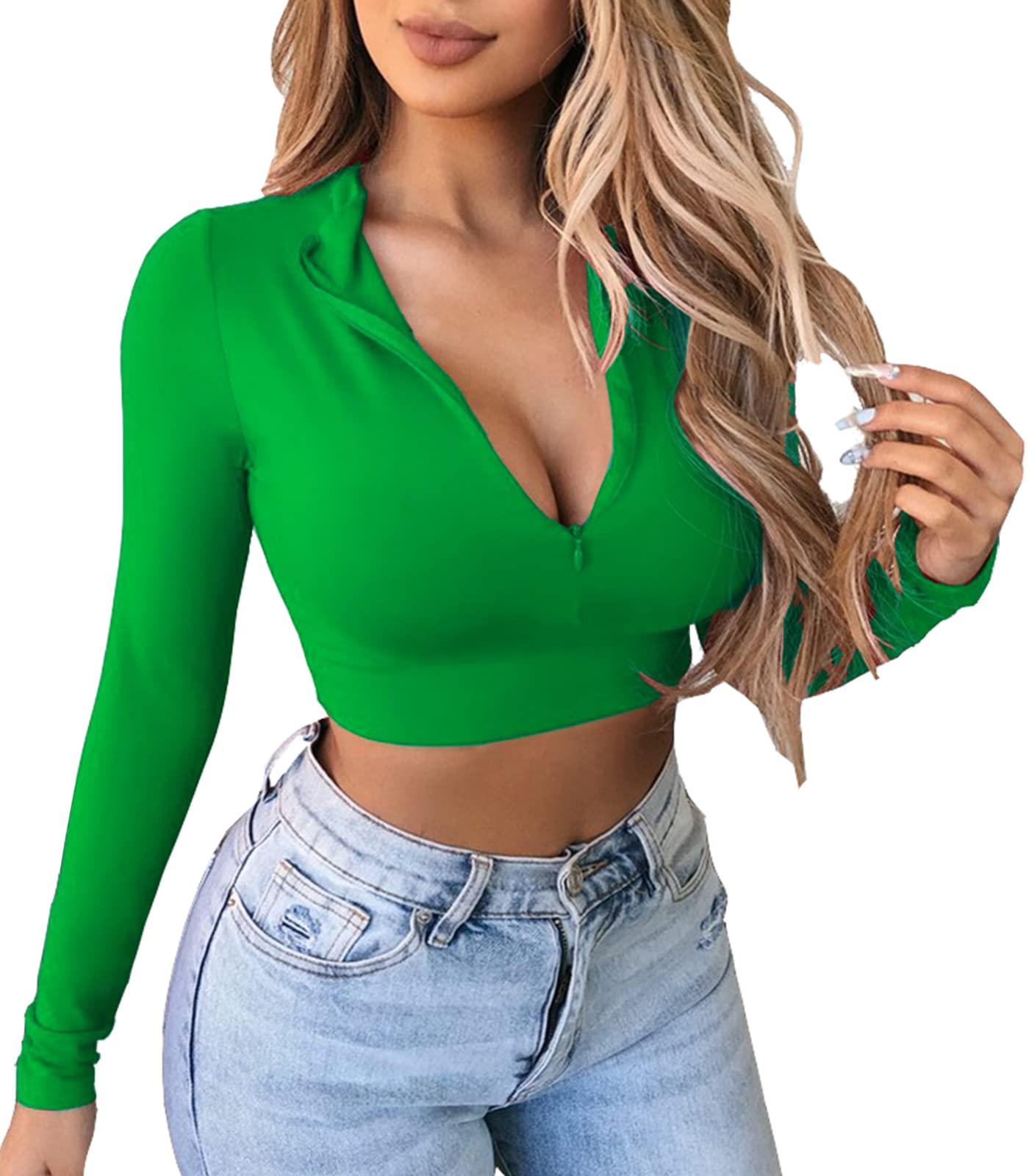 Artfish Women's Long Sleeve Quarter Zip Crop Tops Fleece Lined V Neck Fitted Sexy Cropped Shirts (01#Kelly Green, L)