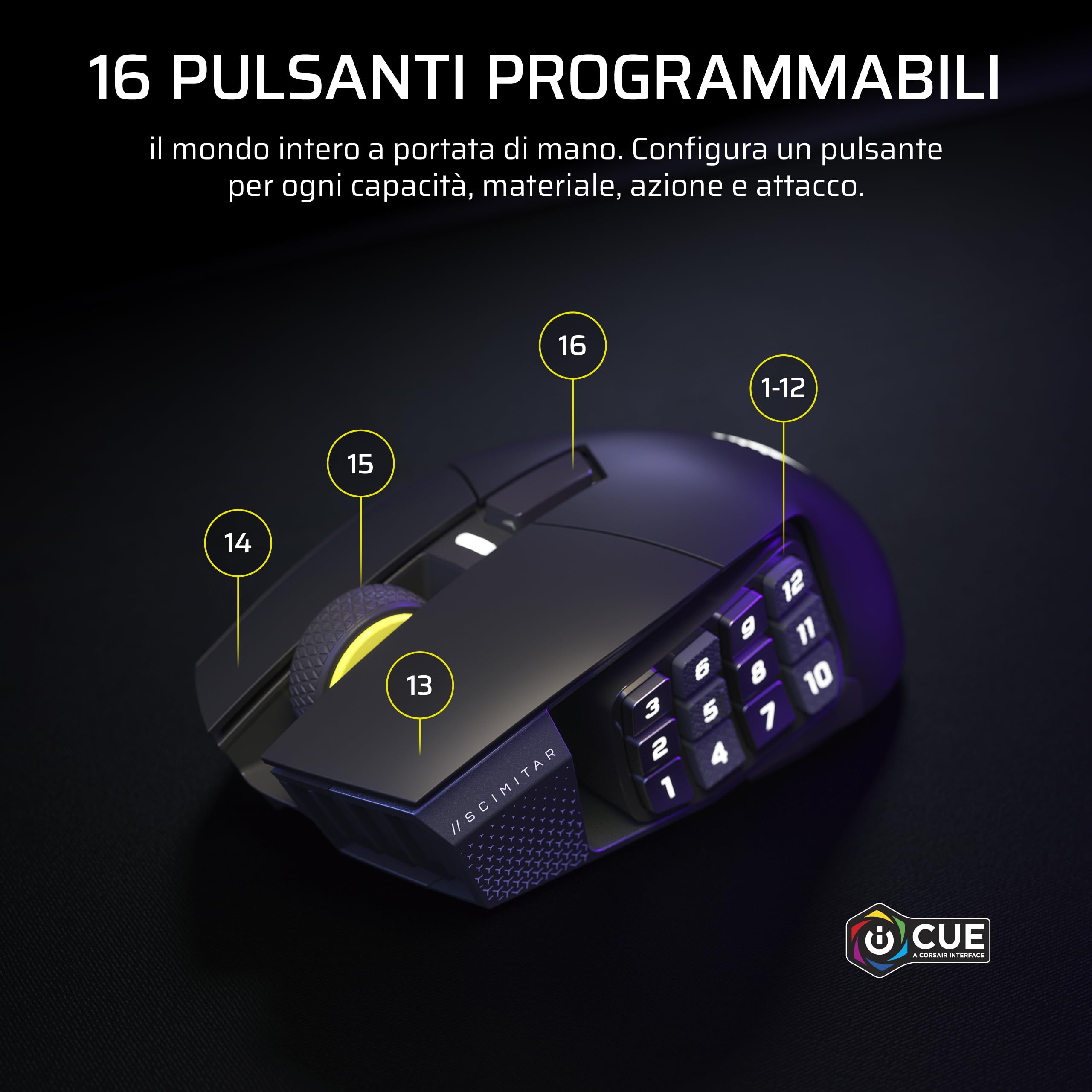 Corsair SCIMITAR ELITE WIRELESS SE Mouse da Gioco MMO – 33.000 DPI, 16 pulsanti programmabili, Key Slider™ regolabile, Hyper-Polling 1K - PC, PS5, PS4, Xbox, Mac – Metallizzato